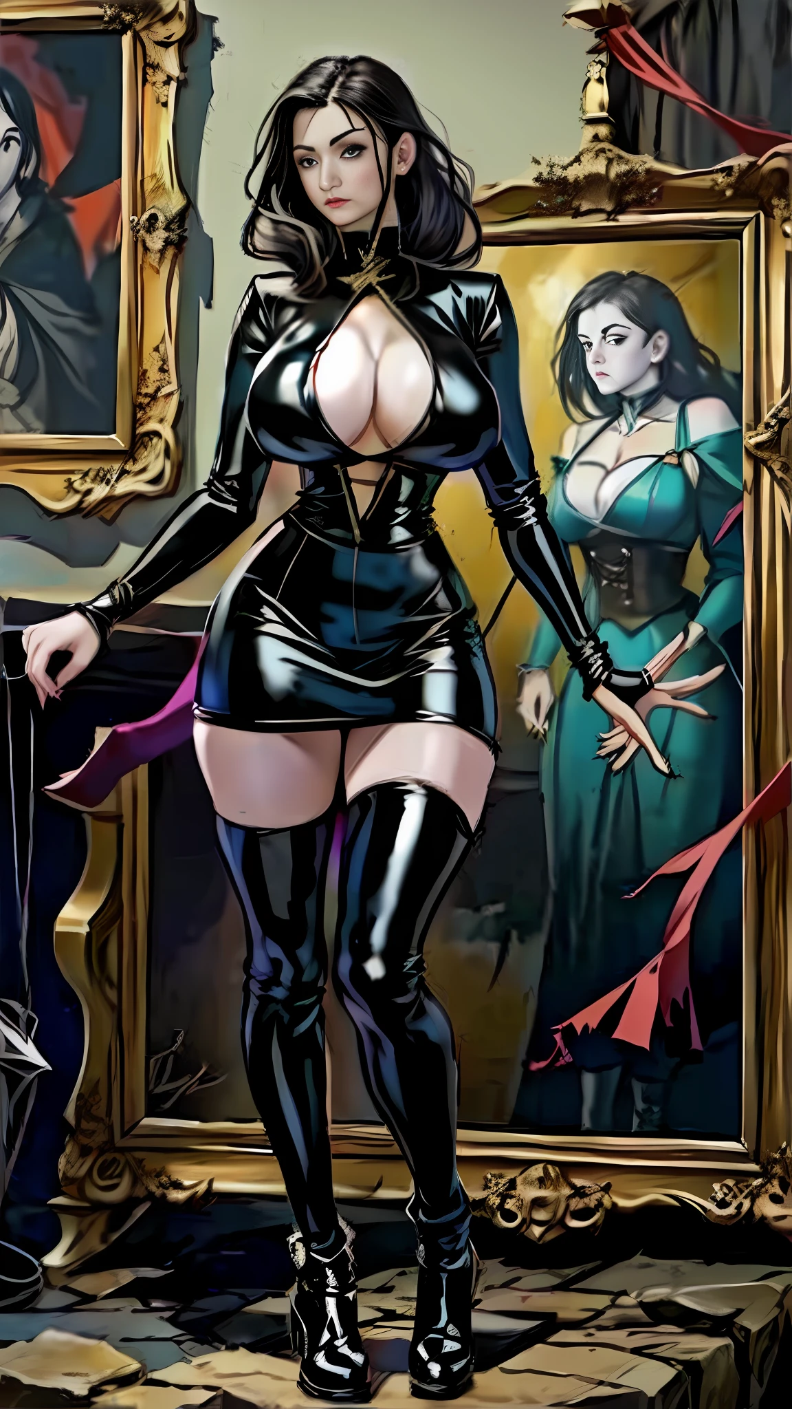 Latex miniskirt,Full body photo,Genre painting, Super detail, high detailled, Textured skin, Masterpiece, 16k,(immensely gigantic breasts),