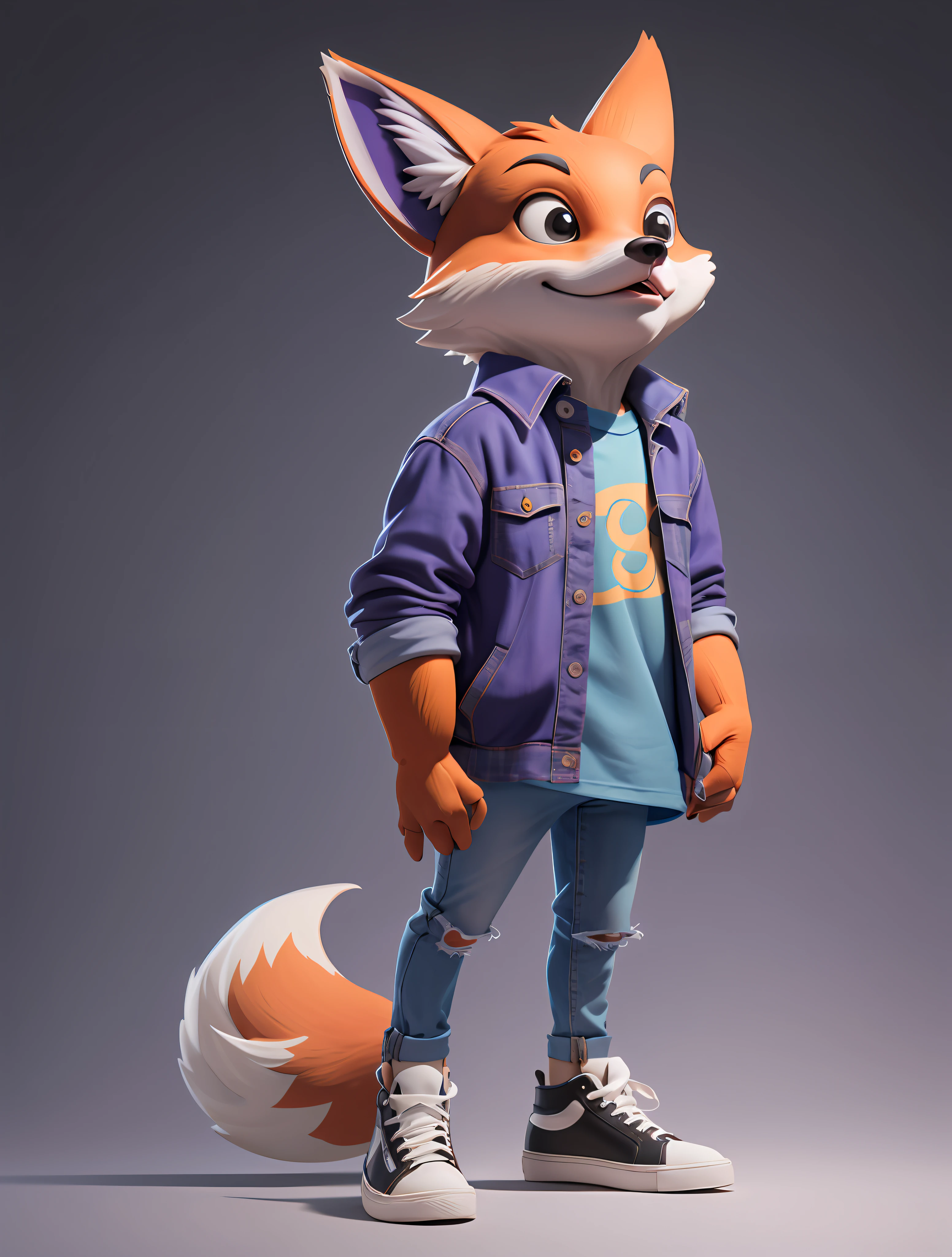 masterpiece, best quality, 3d render, cute humanoid fox, solo, purple tshirt, jeans, sneakers, white flat background