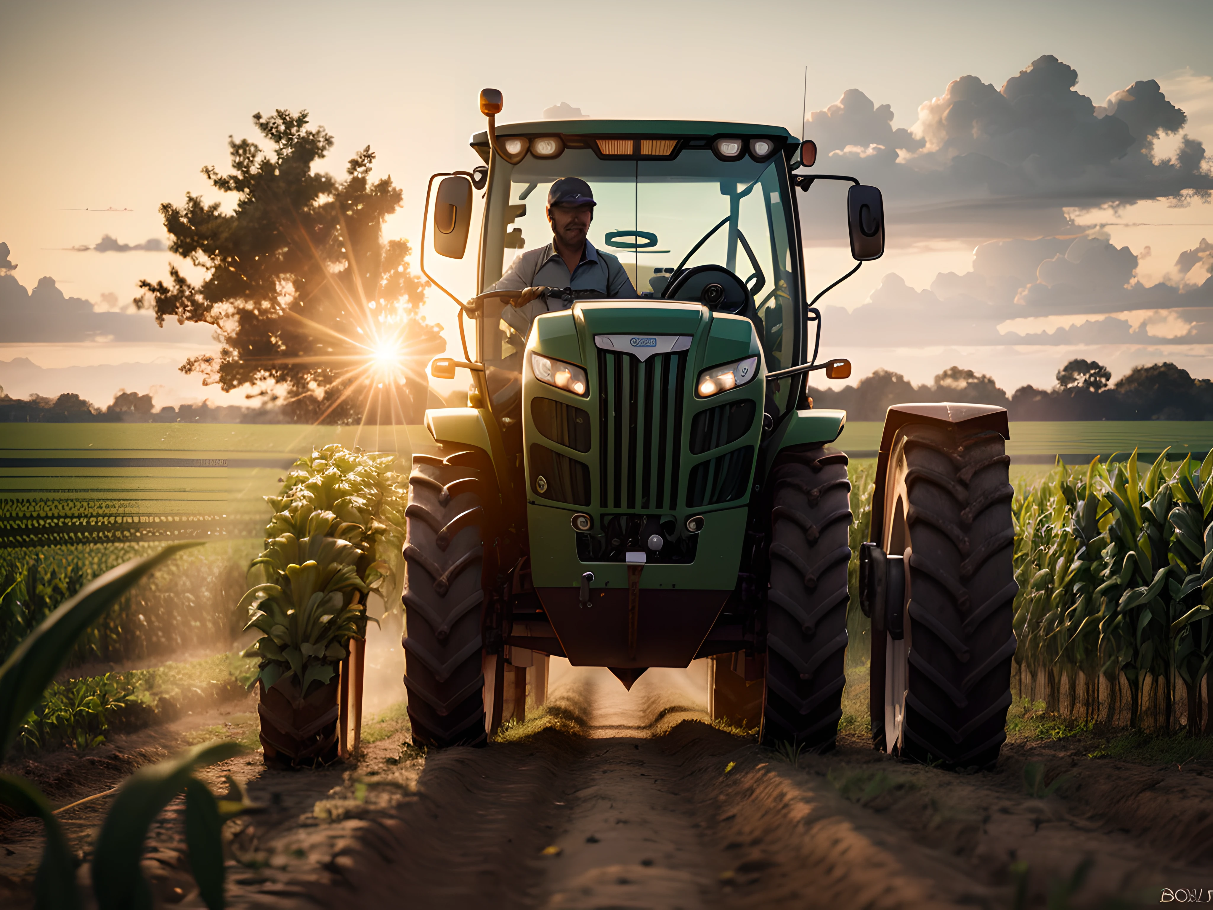 Agricultural worker driving tractor harvesting corn in green field, luz do por do sol, retroiluminação, cinemac lighting, alta qualidade, detalhes elevados, melhor qualidade, with an undeformed face, cinemac lighting, profundidade de campo, Bokeh, Realismo, fotorrealista, hiper-realismo, fotografia profissional