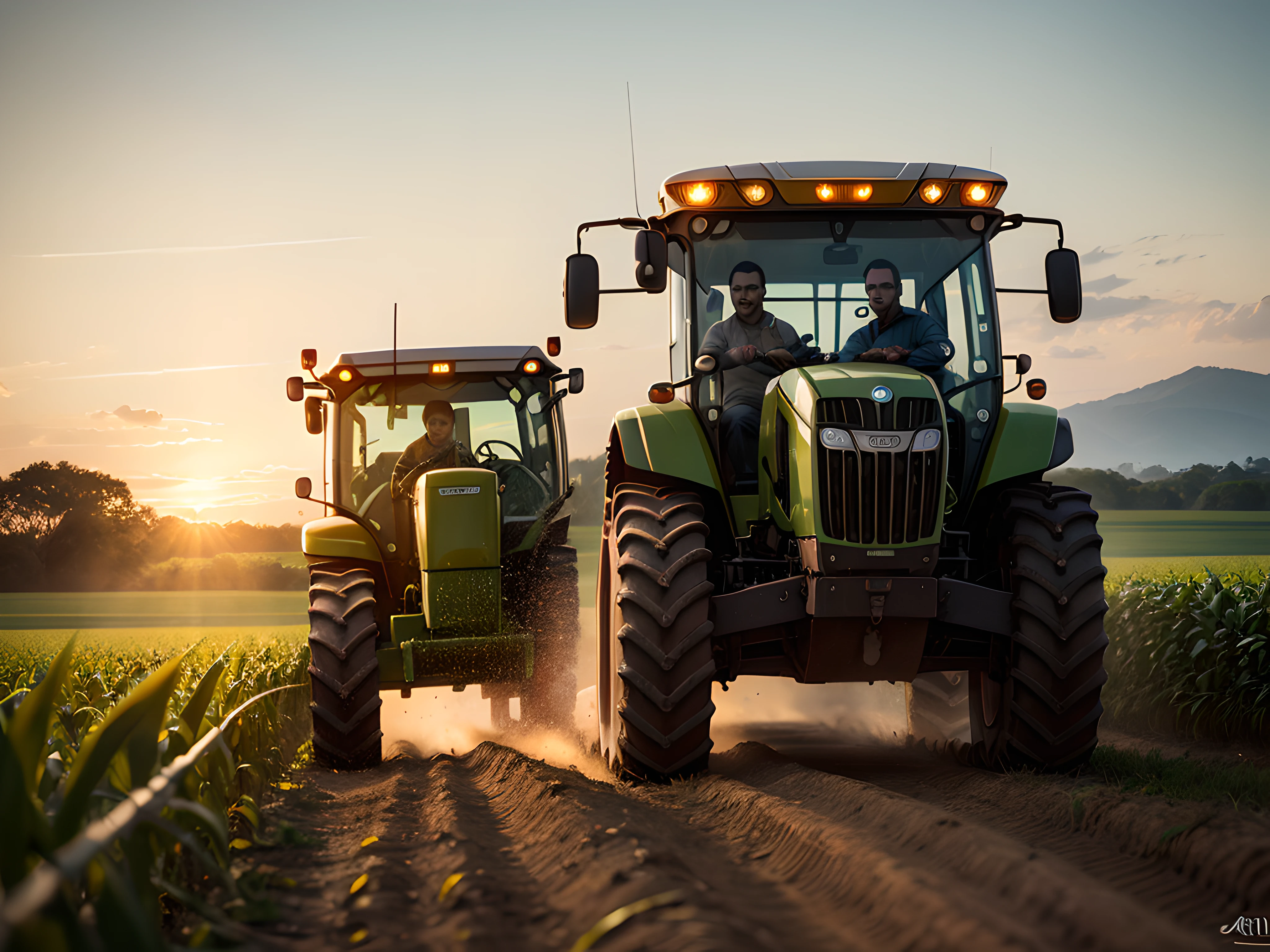 Agricultural worker driving tractor harvesting corn in green field, luz do por do sol, retroiluminação, cinemac lighting, alta qualidade, detalhes elevados, melhor qualidade, with an undeformed face, cinemac lighting, profundidade de campo, Bokeh, Realismo, fotorrealista, hiper-realismo, fotografia profissional