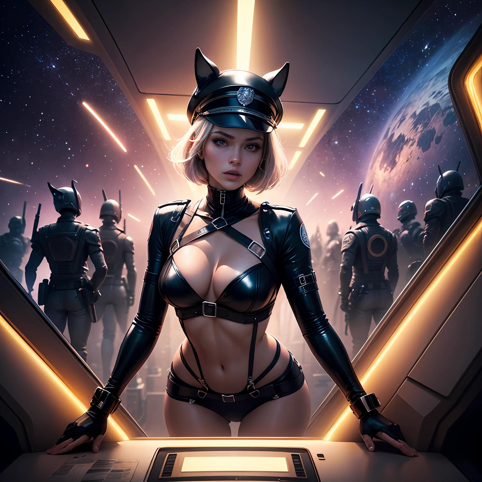 (harness), bondage, (bdsm), latex, officer cap, animal mask, leather mask, 5 people, in spaceship, aeon flux, cinematic lighting, sweat, masterpiece, sexy, princess, dominatrix, full female figure, dynamic, group, team, (5 characters), multiple figures, man and woman, night, night time, cosmos, space, inside spaceship, stars outside windows, battle, spaceship, multiple figures posing, (greek architecture details), (baroque architecture),