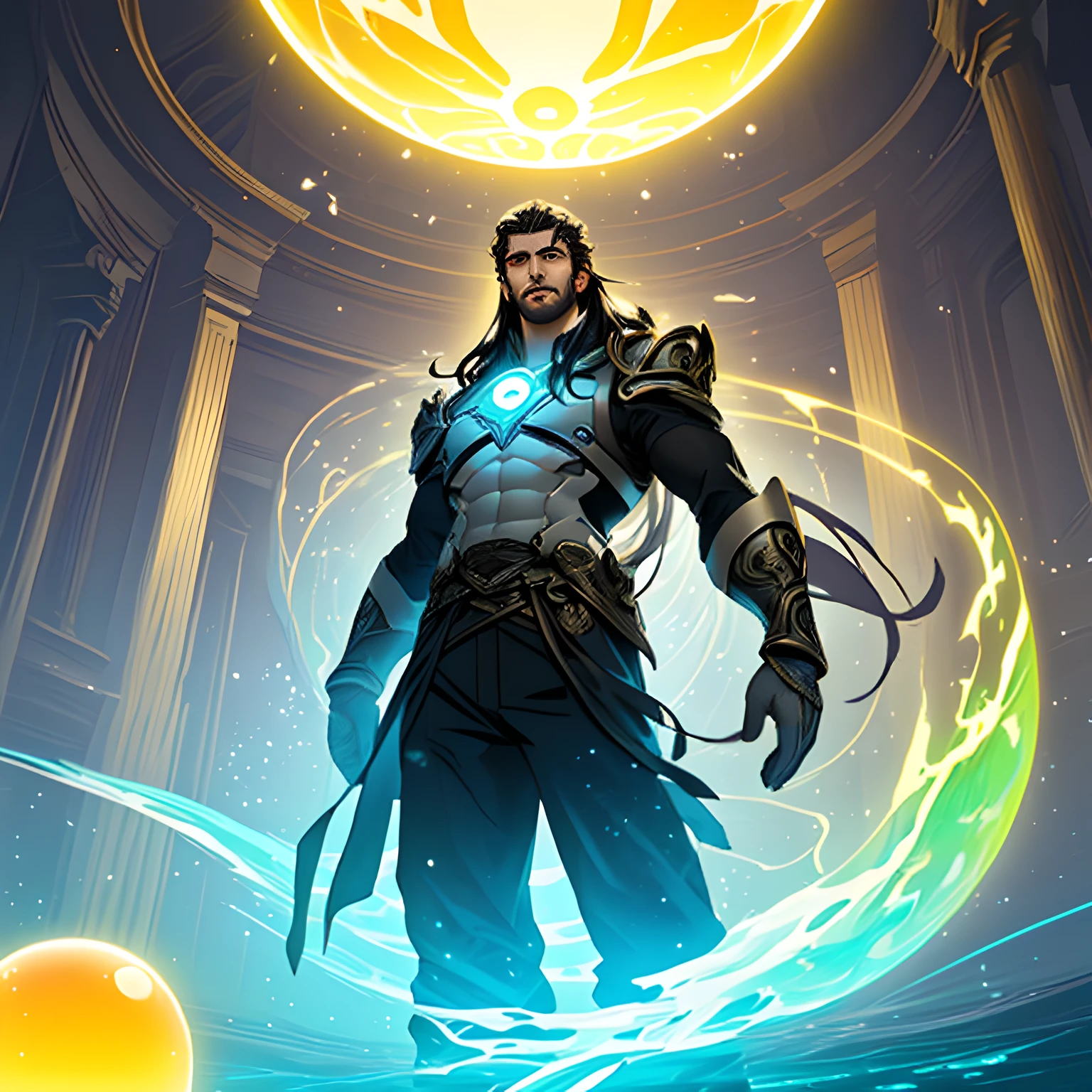 ((handsome man), (long hair), (sculpted body), (god of beauty)), ((two-story lab), (floating), (yellow glow emanating from a sphere in his hand))