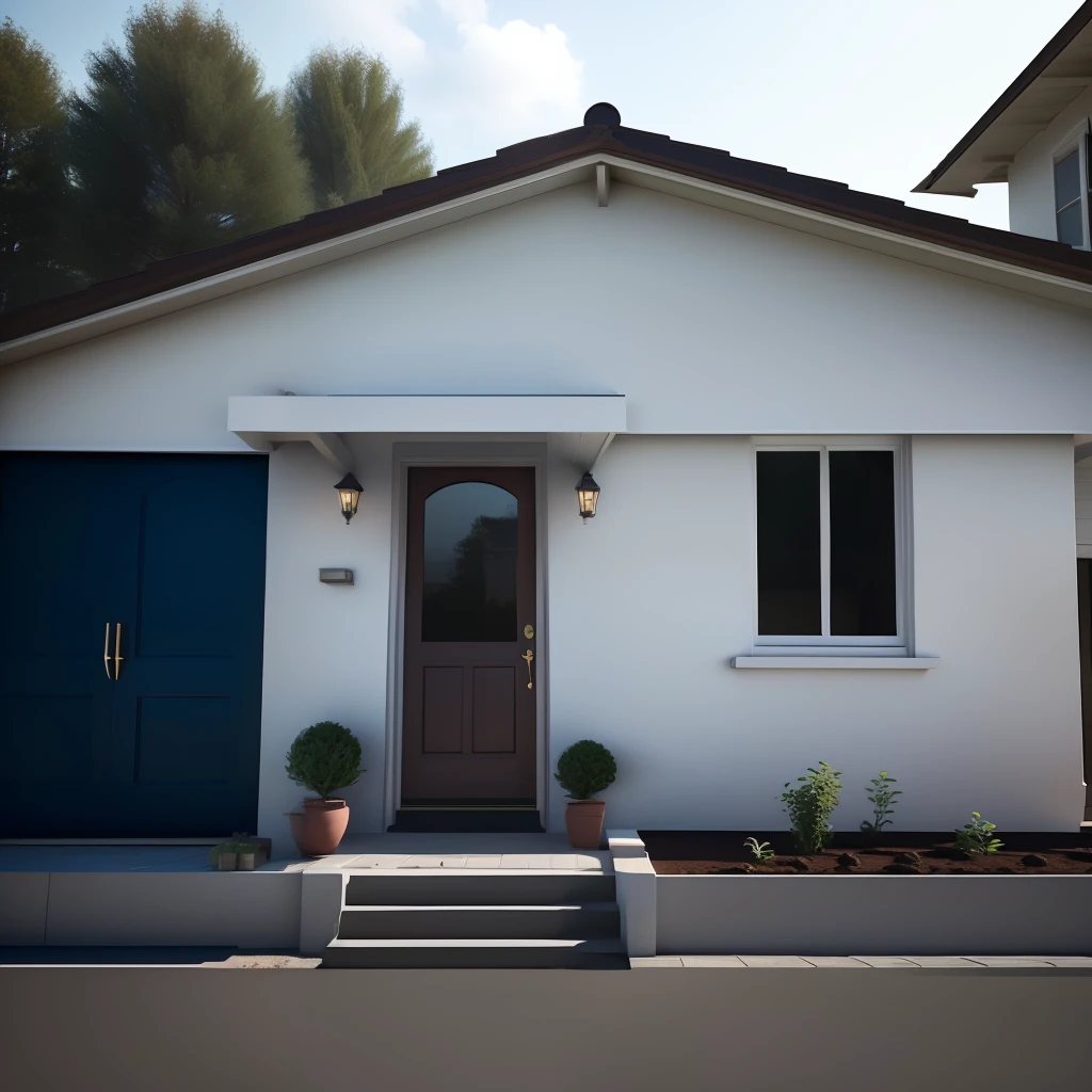 there is a white house, front porch, with a brown door and a green door, front image, front view, front view, exterior view, complete house, outside view, front photo, real image, exterior view, front view, render 3 d, rendered image, front side, central image, facing front, a house, front, very coherent image, facing building