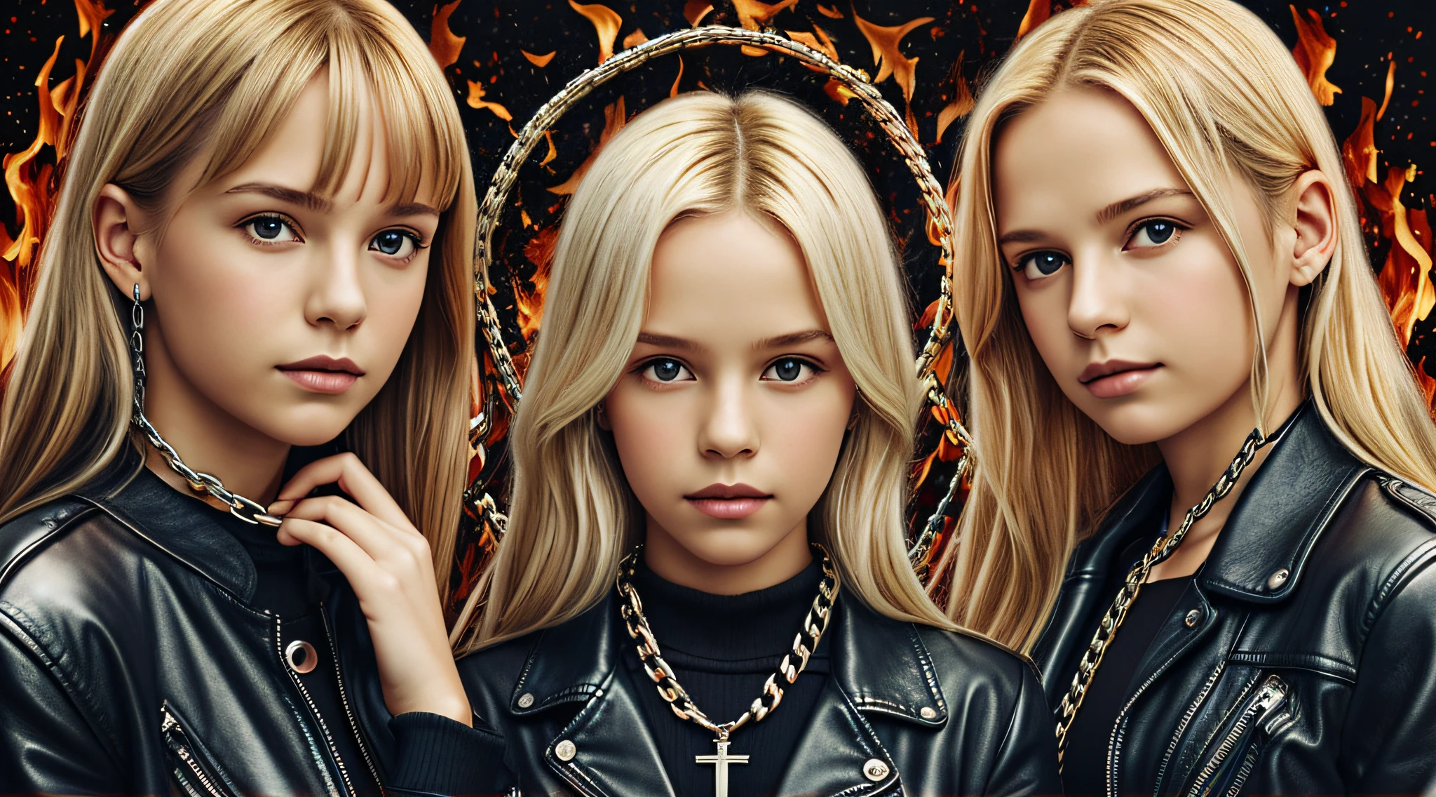 A half body, portrait of 3 girls German children long platinum blonde hair of 12 years, red leather jackets, holding in their hands a cross, background of chains, chain, more chains, many chains, , red, red fire, many background flames.