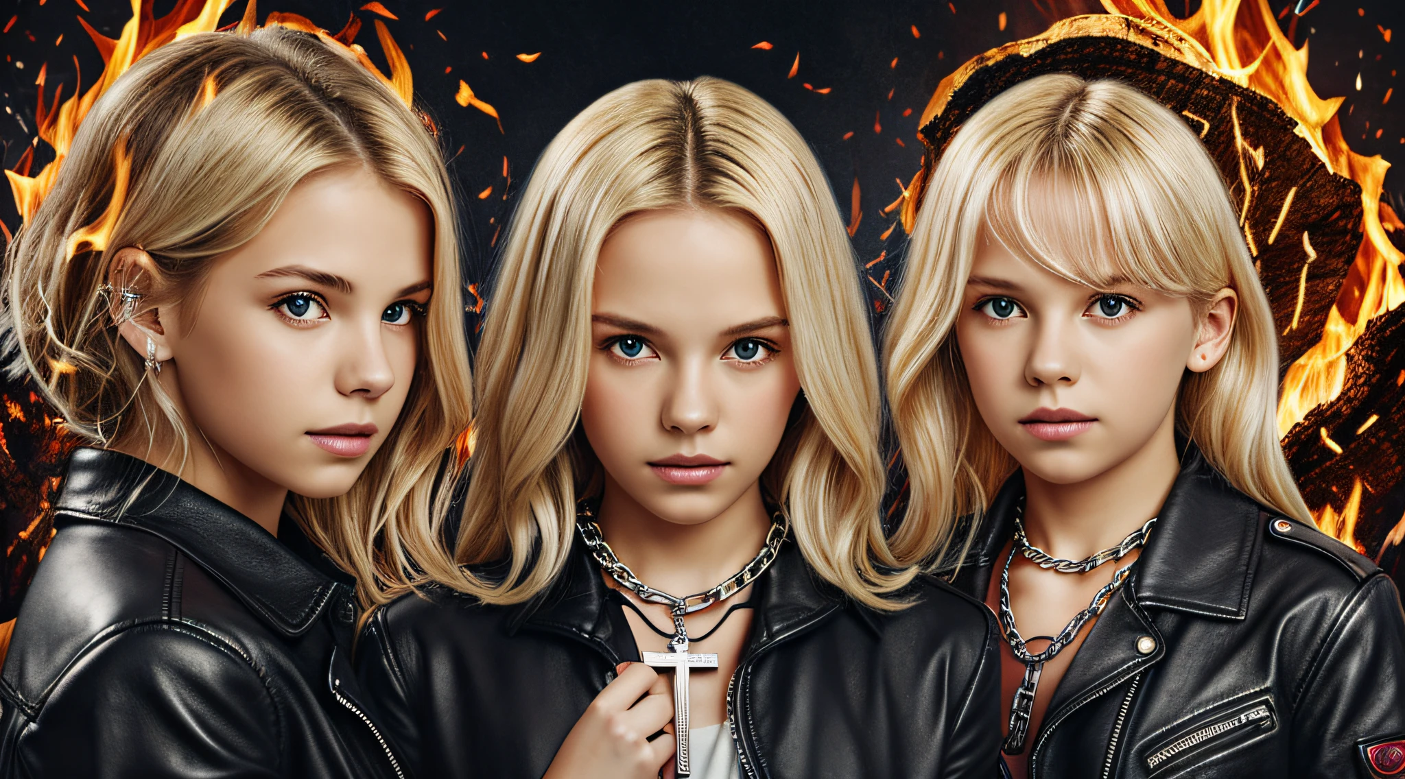 A half body, portrait of 3 girls German children long platinum blonde hair of 12 years, red leather jackets, holding in their hands a cross, background of chains, chain, more chains, many chains, , red, red fire, many background flames.