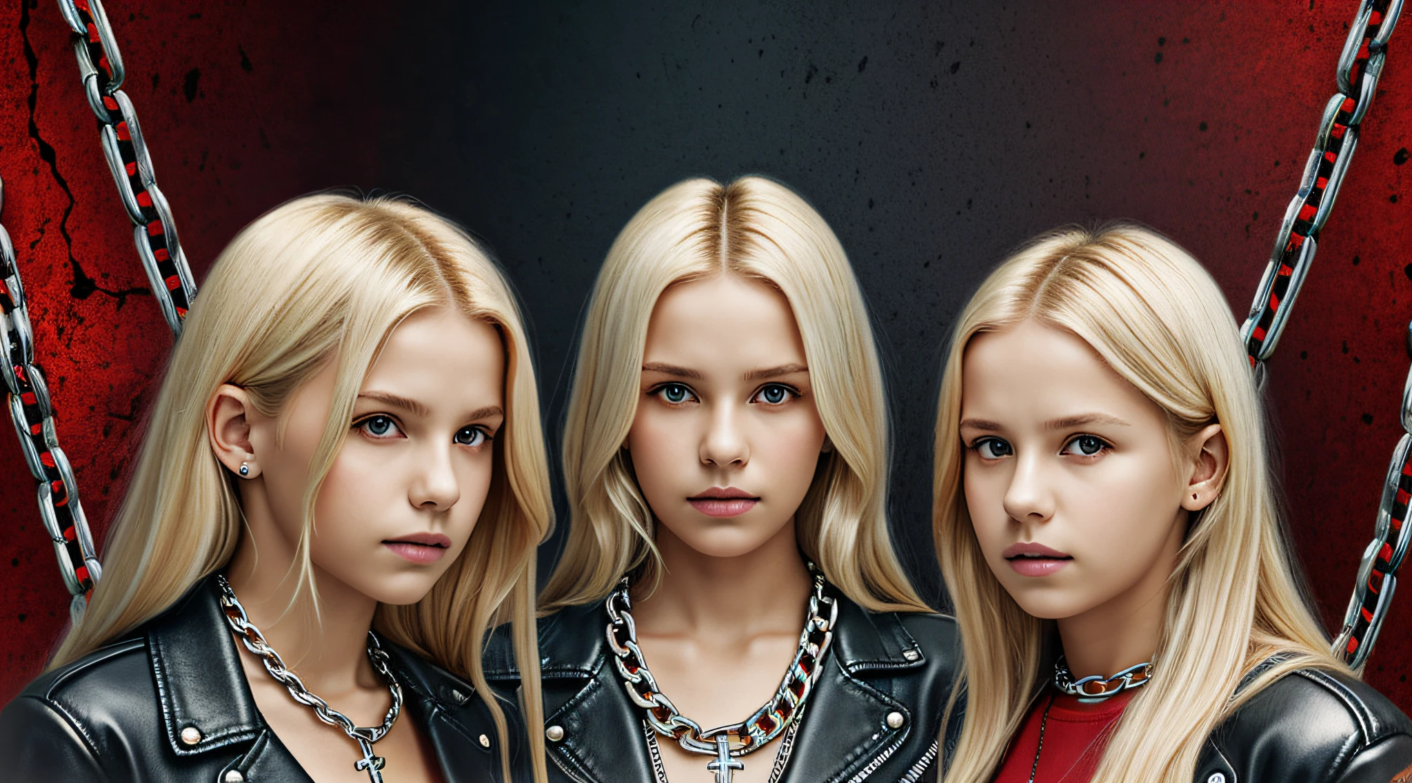 A half body, portrait of 3 girls German children long platinum blonde hair of 12 years, red leather jackets, holding in their hands a cross, background of chains, chain, more chains, many chains, , red, red fire, many background flames.