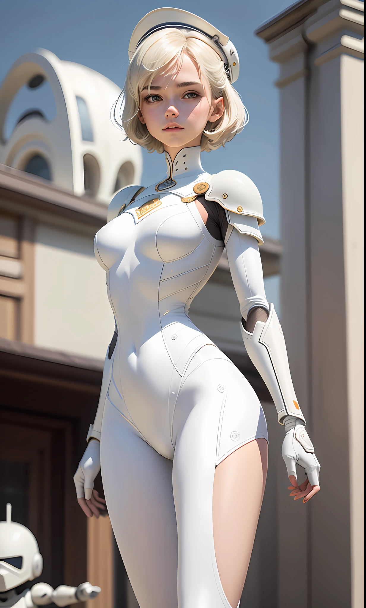 18 year old girl, white suit, short and uncut hair, blonde, beautiful face, rain, roof, masterpiece, intricate details, perfect anatomy, white helmet with white hair, arm and white, little mask, bevel cavitation, beggining cloud,rush vush brush, all body clear, time team solo council, mark weighly hips, tobot spy, legs thcci white, outlin, full body all body zoom out,  ballet, armature , armour