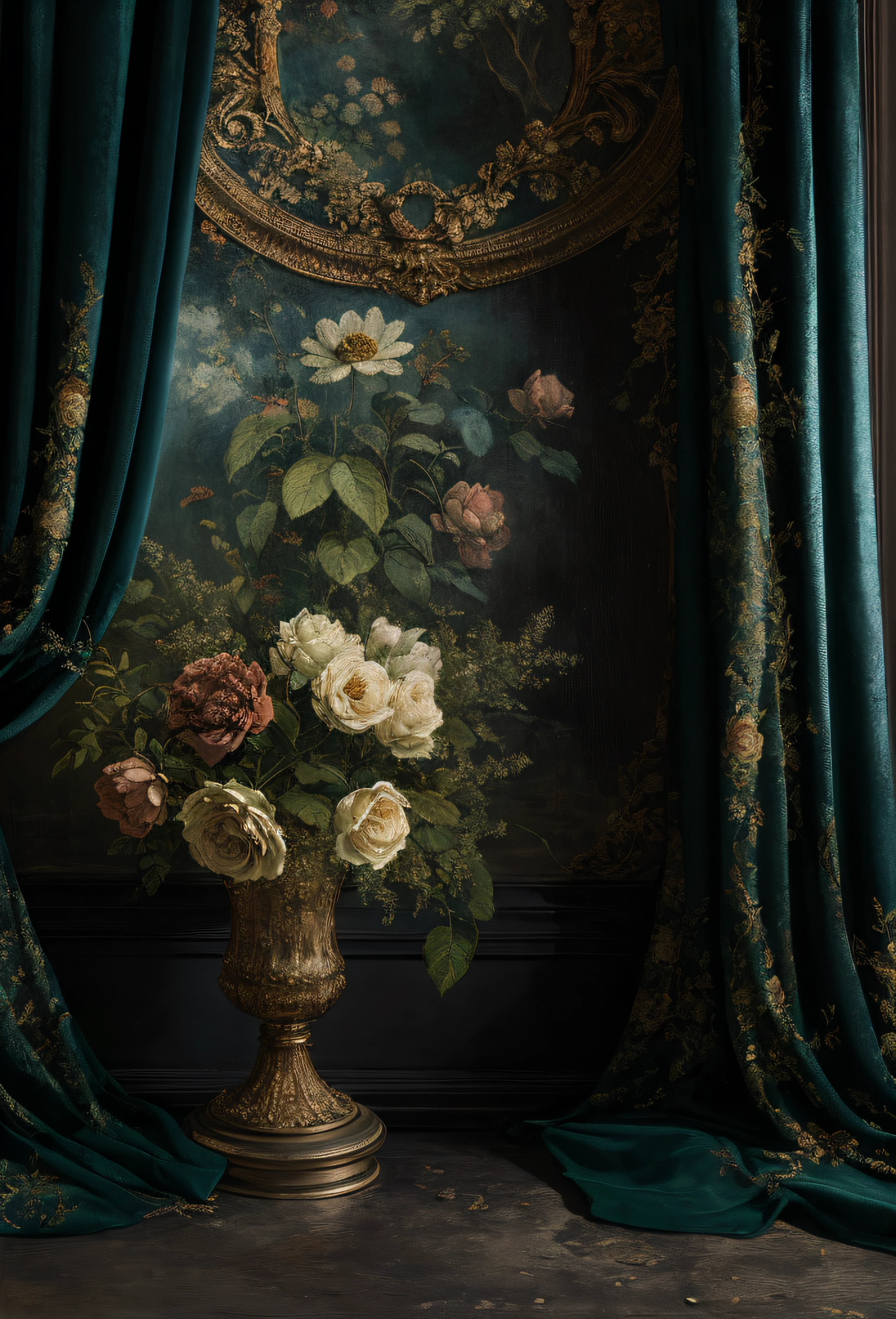 there is a vase with flowers in it sitting on a table, Envuelto en terciopelo y flores, atmospheric beautiful details, roses in cinematic light, Pintura digital barroca, inspirado por Louis Buvelot, inspirado por Jean-Marc Nattier, Pintura barroca oscura, sergey zabelin, inspirado por Jan Lievens, inspired by François Boquet, Fondo de pintura de estilo barroco