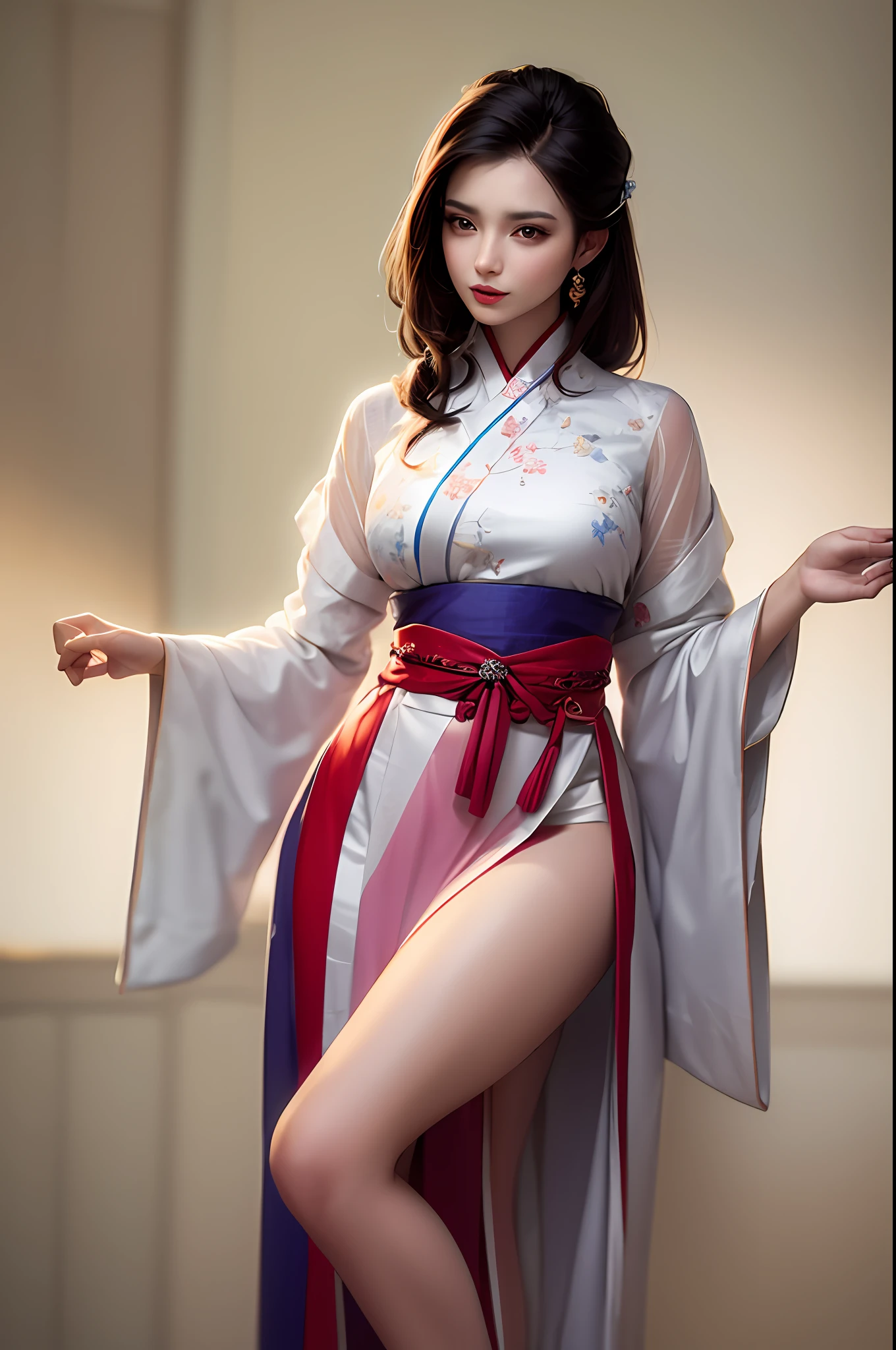 Best quality details, realistic,8K UHD, High definition, hyperdetailed, High quality detailed texture, High quality shadow, Detailed beautiful delicate face, Detailed beautiful delicate eyes, Depth of field, Ray tracing, perspective, 20's, only one person,
indoors,ancient china background, china patterns,
Pretty Kpop girl group,
head tilt, leg up, legs together, perfect body, lean body, medium breasts, thin waist, wide hips,
hair stick, hairpin, hair ornaments,
light smile, lovely face, slender face, fair white skin, glowing eyes, glossy lips, bags_under_eyes, pale pink lip, beautiful eyes, eyelashes, Thin lips, (noble girl), eyeshadow, makeup, eyeliner,
shawl, hagoromo, hanfu, detailed clothes,