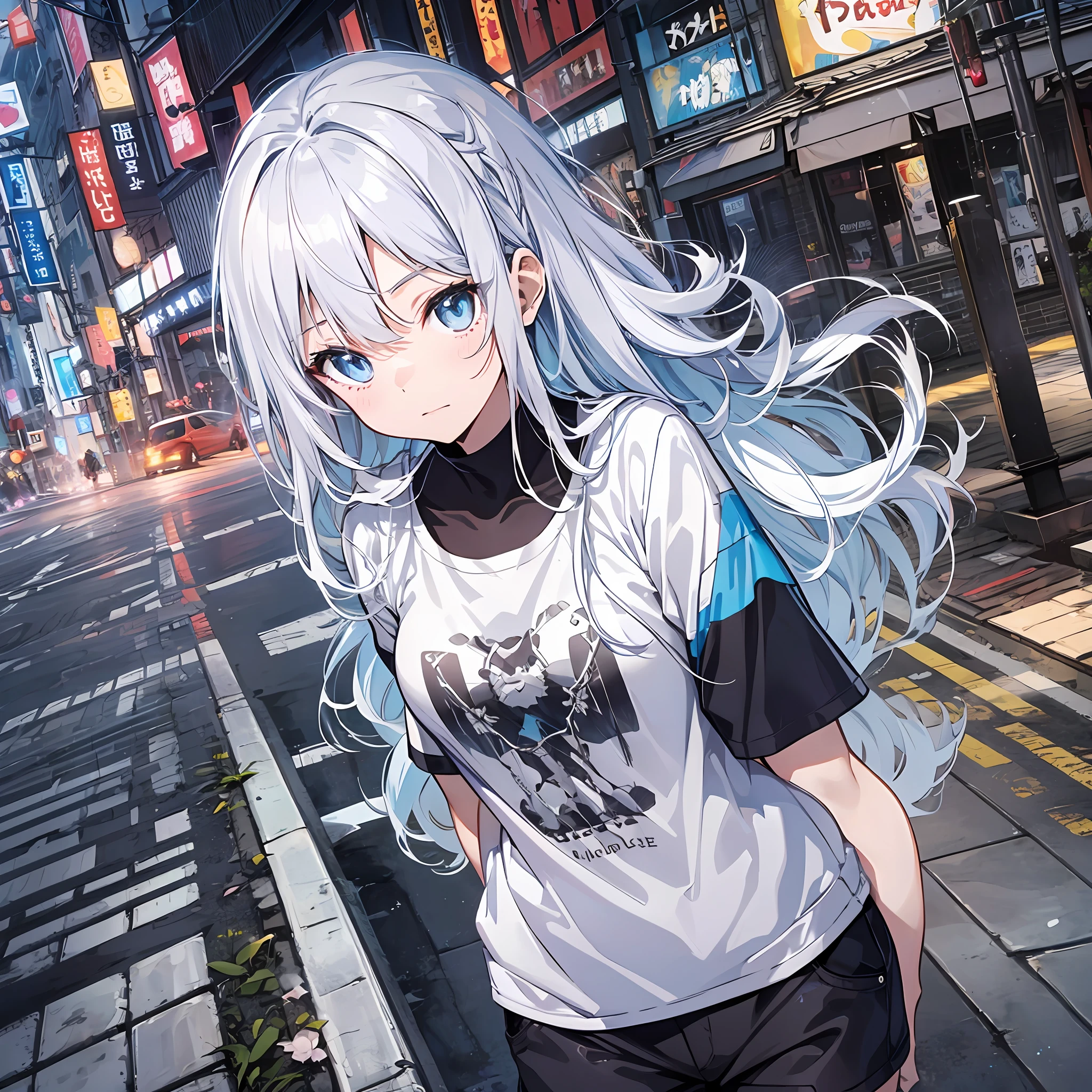((beste Quality、8K、Masterpiece))Anime characters with long gray hair and blue eyes、anime visual of a young woman、Today's featured anime stills、white haired deity、Official Art、Anime visuals of cute girls、popular isekai anime、Tsuaii、Marisa Drizzle、Animated Movies、Still from TV anime、Different world、hestia、albedo from the anime overlord Transparency 16age No ears short pants blanc T‐shirt Japan townscape