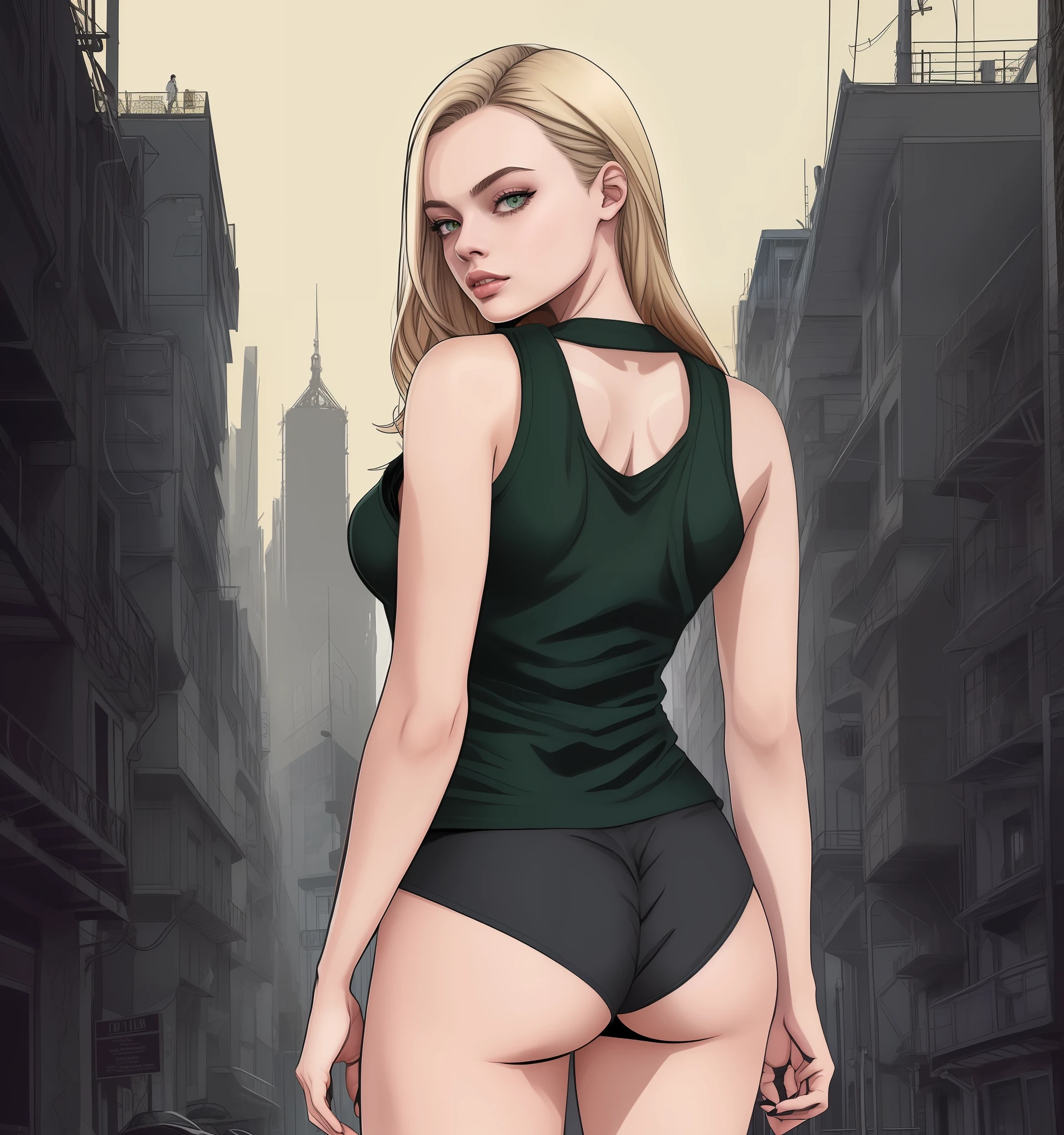 Mujer rubia con un top verde y pantalones cortos negros caminando por una calle de la ciudad, forest city streets behind her, Fanart de Urban Girl, Margot Robbie en GTA v, gothic city streets behind her, Gwen Stacy, commission for high resolution, in digital illustration style, Boceto coloreado de alta calidad, Cudesexyrobutts, comic digital art, Estilo de las obras de arte de GTA V, oc commission