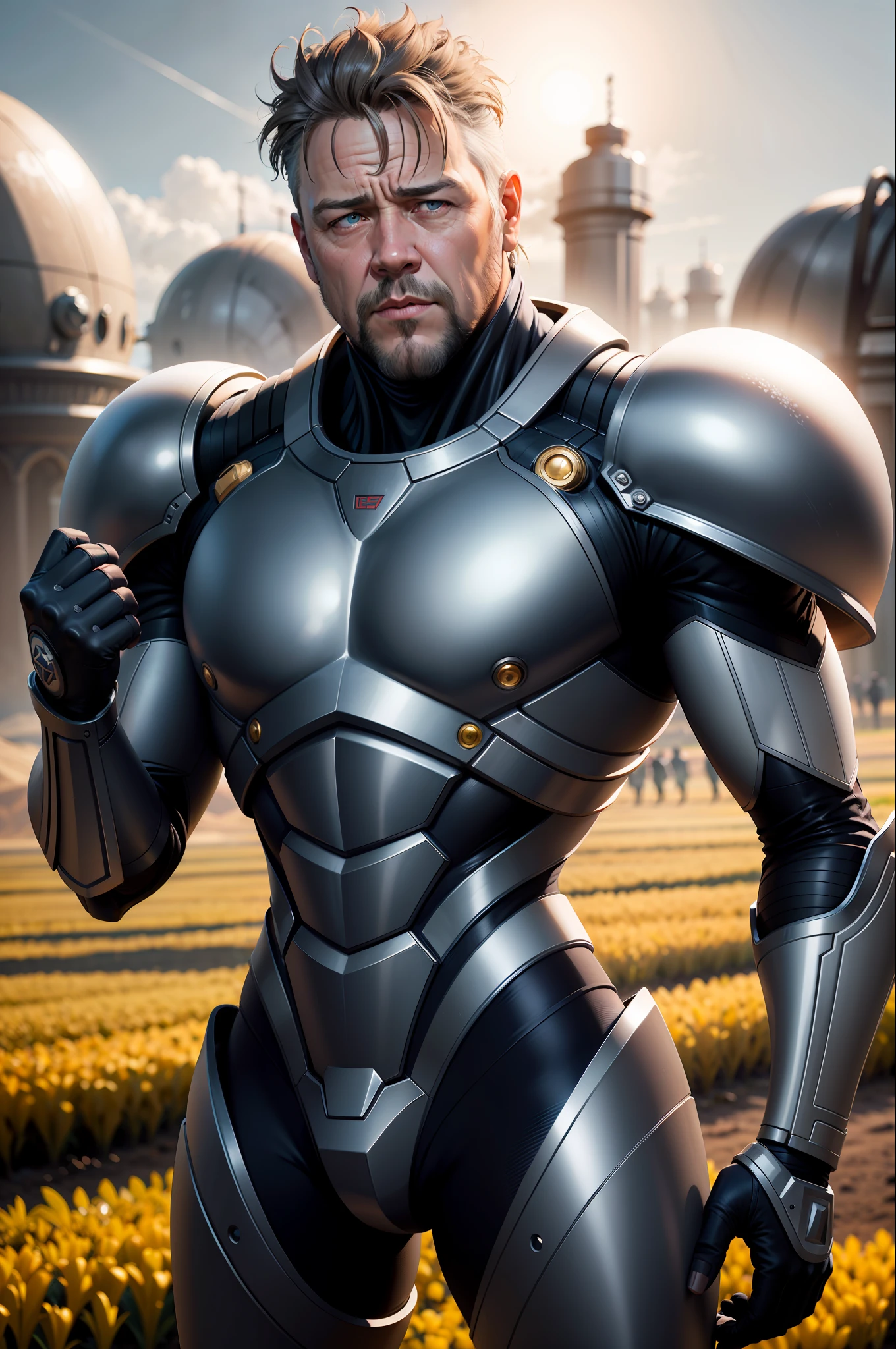 homem forte, Russel Crowe, obra-prima, ultra marinho, (reflexos de metal), hdr, melhor qualidade, uhd, 8k resolution, melhor luz, realista, fundo detalhado, rosto detalhado, detailed hands, corpo inteiro, (Epic War), (alien planet), (campo aberto)
