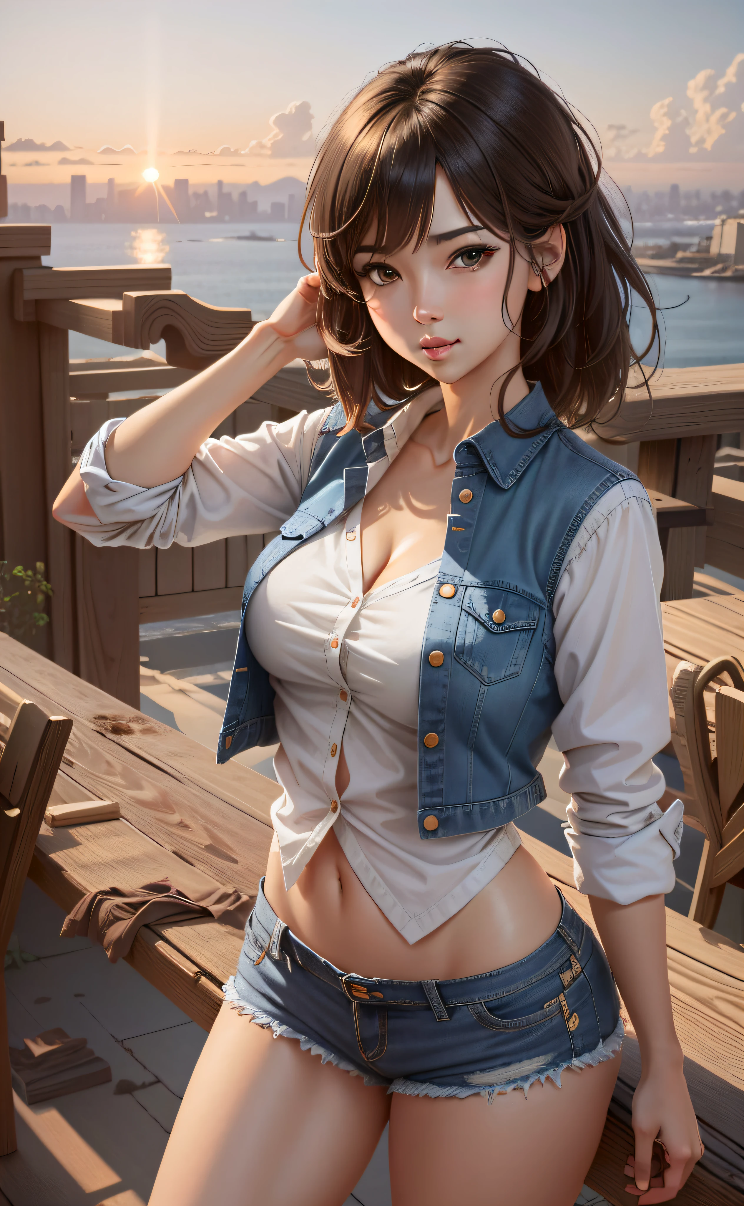 anime girl with a denim vest and denim shorts posing for a picture, seductive anime girls, Realistic anime 3 D style, attractive anime girls, beautiful and seductive anime woman, guviz style artwork, extremely detailed artgerm, realistic anime artstyle, Beautiful anime girl, photorealistic anime girl rendering, Makoto Shinkai and Artgerm