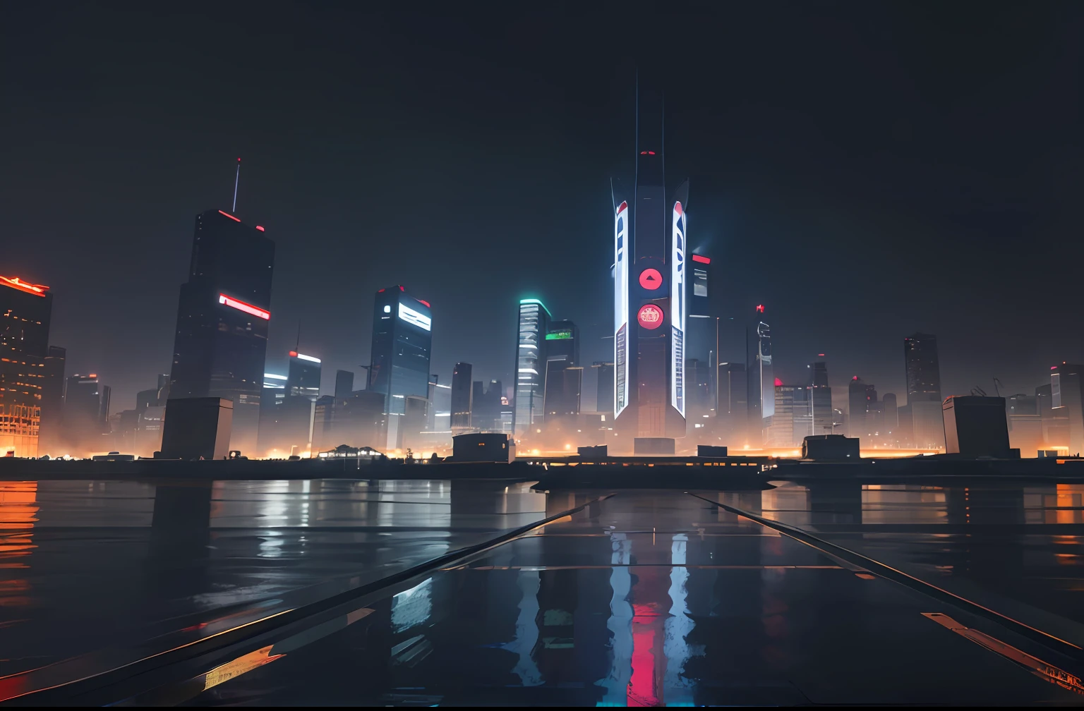 Dark military skyscraper with large long red flags, ((Extreme Wide Shot)), cyberpunk, Tone Mapping, Dramatic Lighting, (8k resolution), 8k, 8kres, Chain,, masterpiece, best quality,