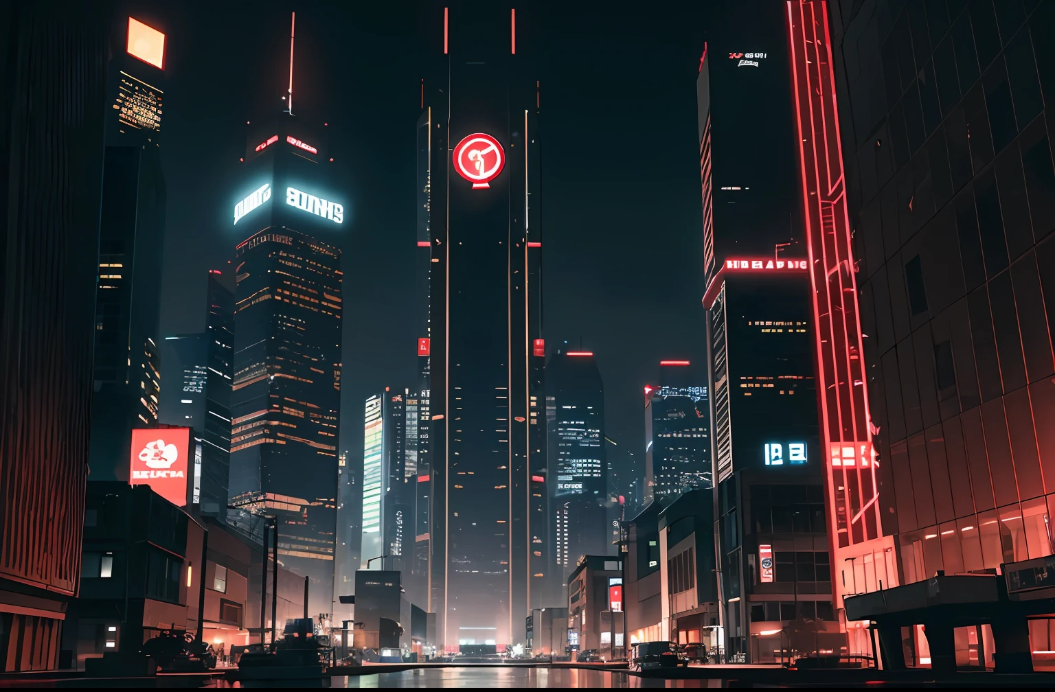 Dark military skyscraper with large long red flags, ((Extreme Wide Shot)), cyberpunk, Tone Mapping, Dramatic Lighting, (8k resolution), 8k, 8kres, Chain,, masterpiece, best quality,
