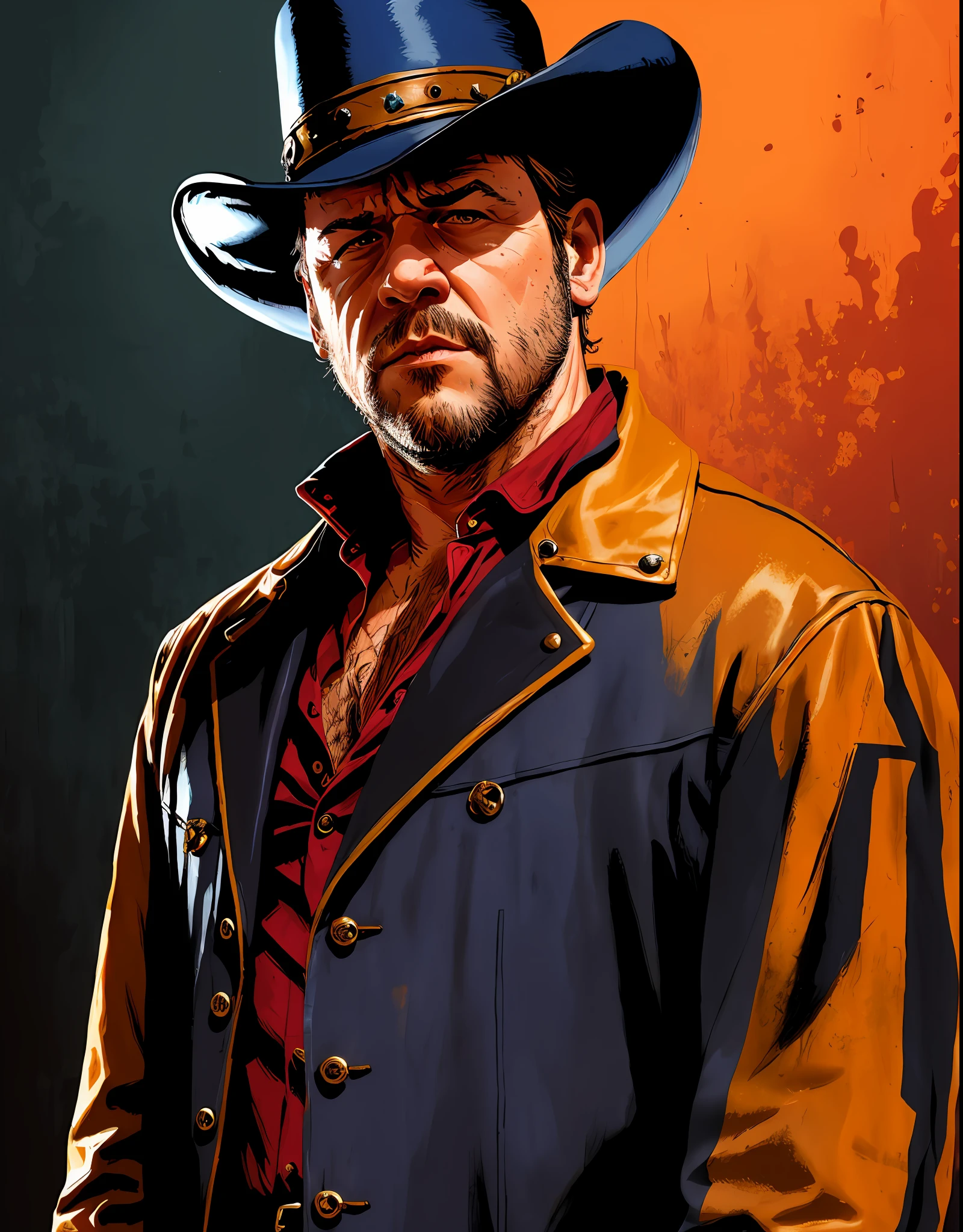 R3DD34Dstyle, retrato digital, Russel crowe, triste, cowboy hat, jaqueta de couro preta, camisa azul, red sky,