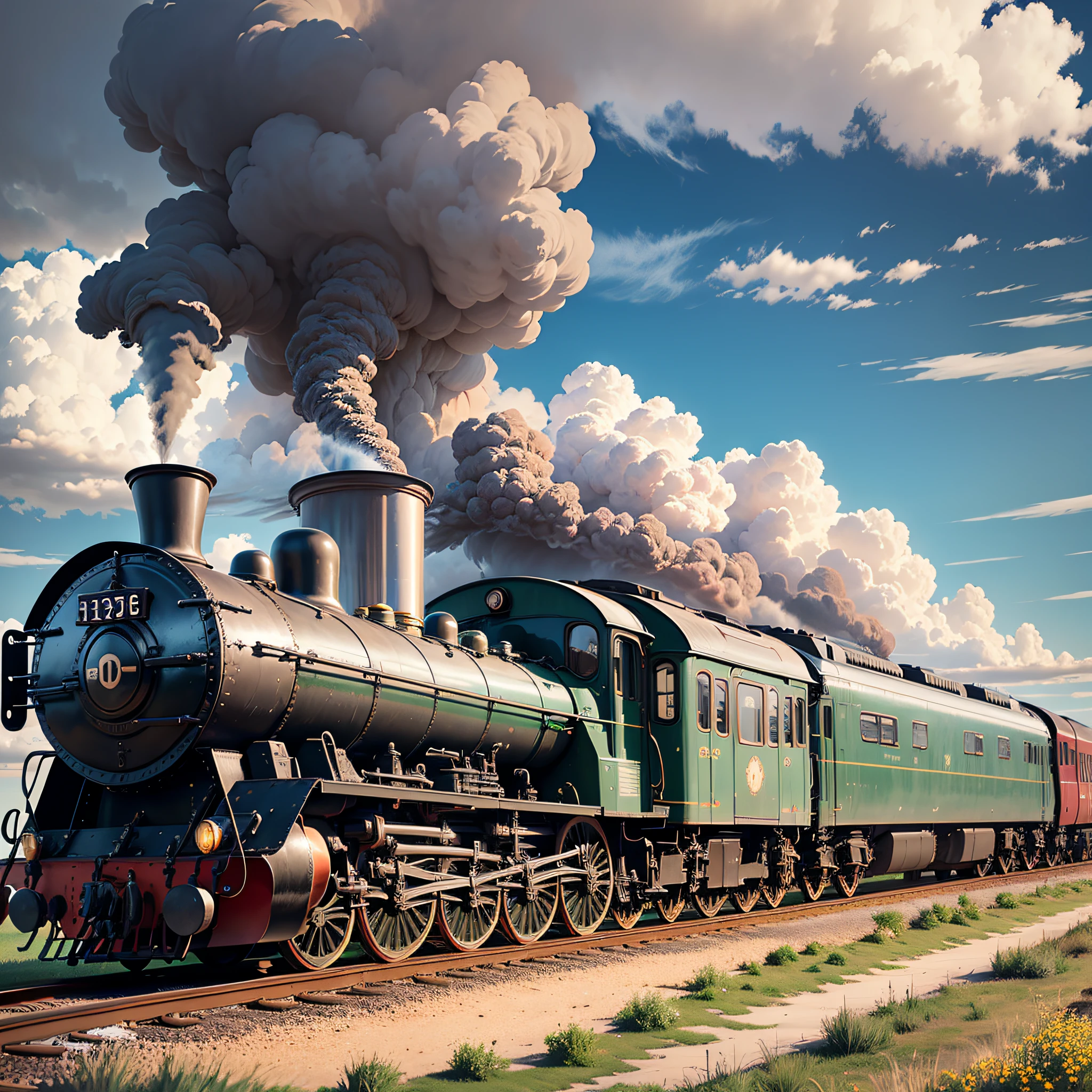 smoke billows from a steam engine train as it travels through a snowy field, trens a vapor, poeira e vapor, vapor branco na lateral, billowing steam and smoke, trem a vapor, intense smoke, expresso polar, batalha intensa, steam engine, Vapor ascendente, vapor industrial, in clouds of smoke, muito intenso, Nuvens de vapor, geysers of steam --auto
