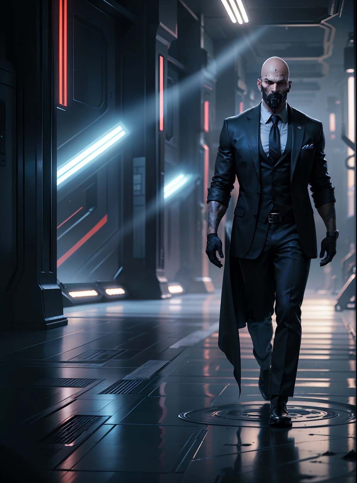 full body mysterious man, a rich big boss in black suit and red tie walking to the cammera besides bodyguards, in a modern fancy room, imponent, lord, governor, president, boss, cyberpunk black suit, bald, burned skin face, intricate detail, high detail, full color, perfect anatomy, centered, approach to perfection, 4k , cinematic dramatic atmosphere, artstation, concept art, fluid and sharp focus, volumetric lighting, cinematic lighting