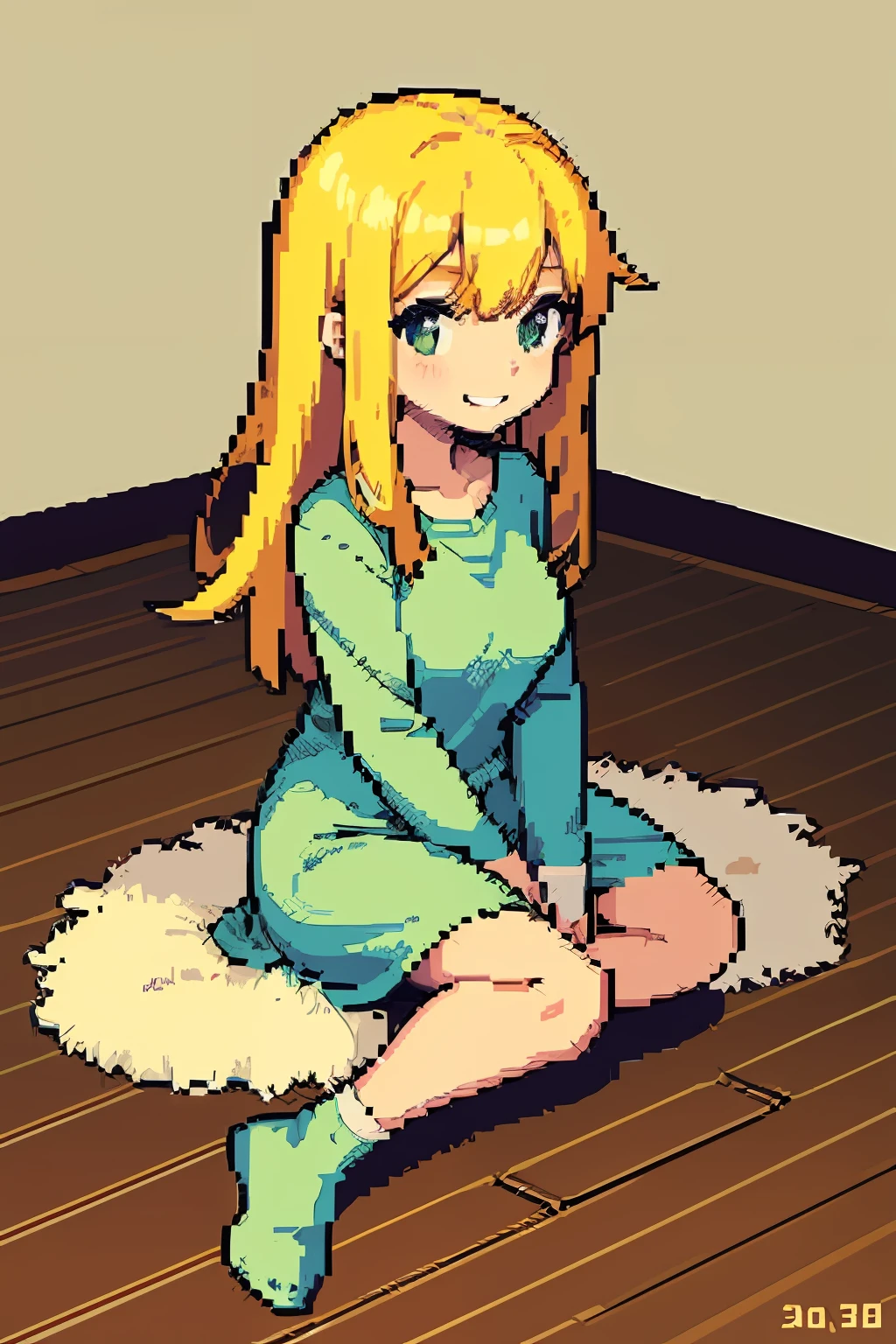 pixel, pixel art, 1girl, blond hair, sitting down on floor, body, smile, cozy,