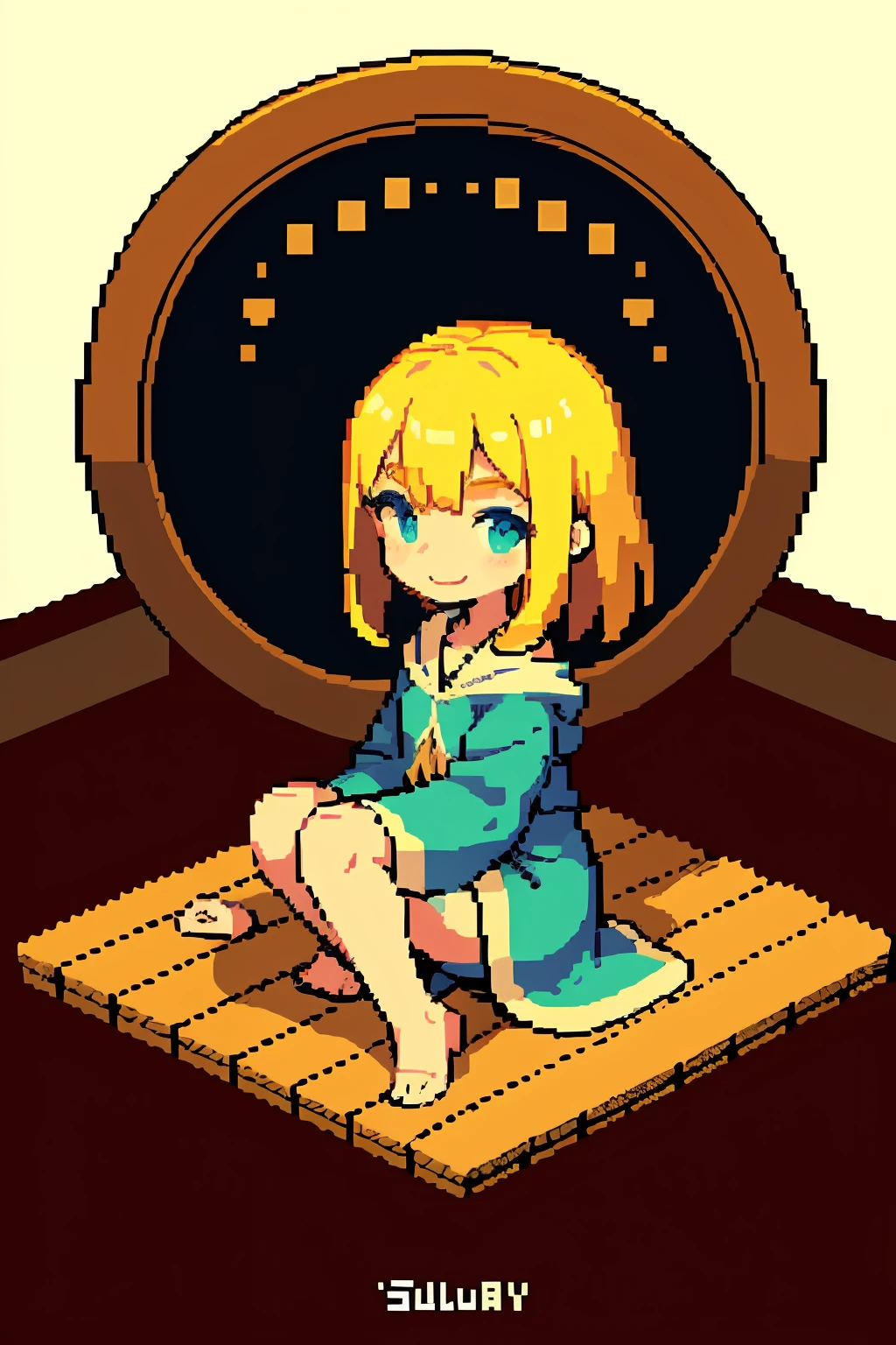 pixel, pixel art, 1girl, blond hair, sitting down on floor, body, smile, cozy,