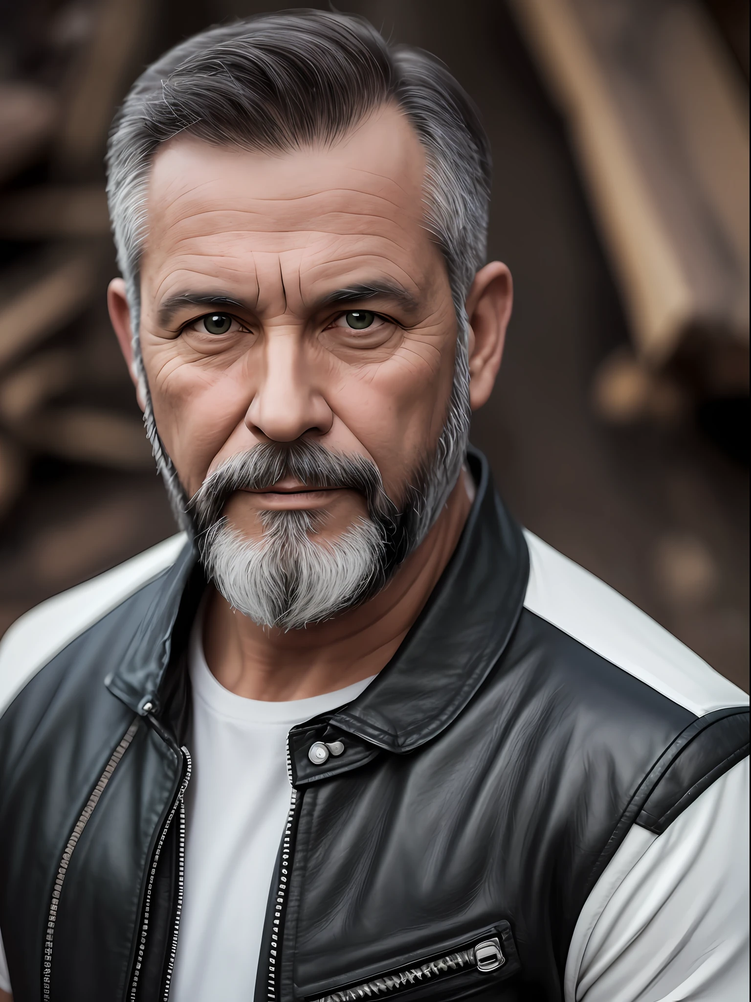 Portrait of a middle-aged man, fat, detailed skin face, expression wrinkles, woodcutter-style black beard, black leather jacket, green eyes, white T-shirt without print, stiff countenance. Ultra detailed scene, dslr camera with 50mm Lens, soft studio lighting