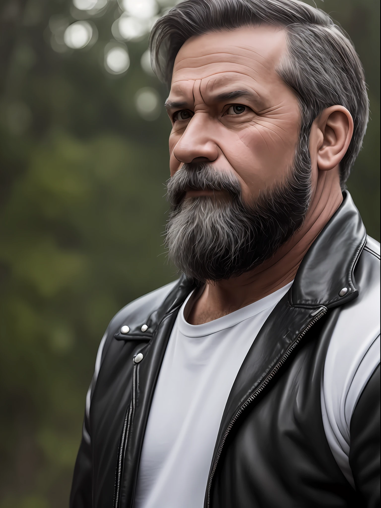 Portrait of a middle-aged man, fat, detailed skin face, expression wrinkles, woodcutter-style black beard, black leather jacket, green eyes, white T-shirt without print, stiff countenance. Ultra detailed scene, dslr camera with 50mm Lens, soft studio lighting