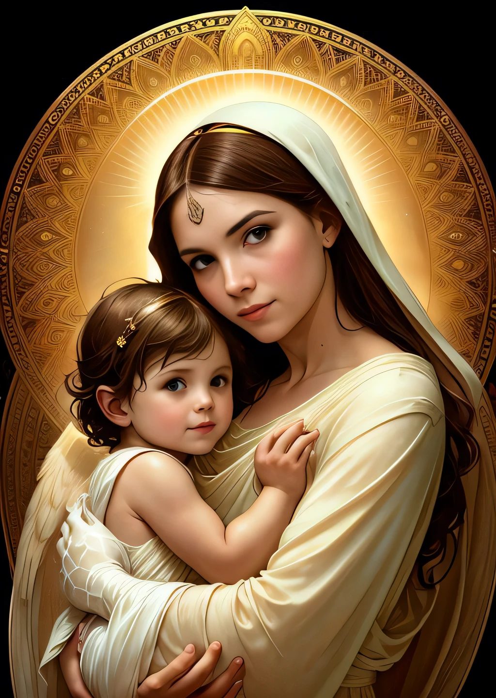 masterpiece, woman and child, holy virgin mary with little boy in her arms, ((halo over head)), smiling, heavenly sky, half body, ((divine light)), ethereal, clouds, back lighting, realistic portrait, symmetrical, strong, intricate drawing, highly detailed, digital painting, art station, concept art, fluid, sharp focus, illustration, against heaven's gate, cinematic lighting, works by artgerm and greg rutkowski and alphonse mucha