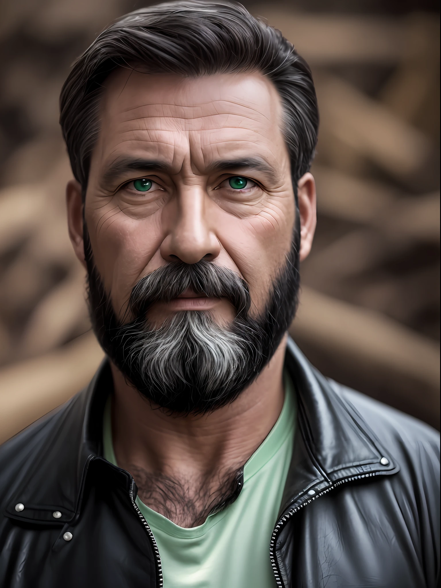 Portrait of a middle-aged man, fat, detailed skin face, expression wrinkles, woodcutter-style black beard, black leather jacket, green eyes, white T-shirt without print, stiff countenance. Ultra detailed scene, dslr camera with 50mm Lens, soft studio lighting