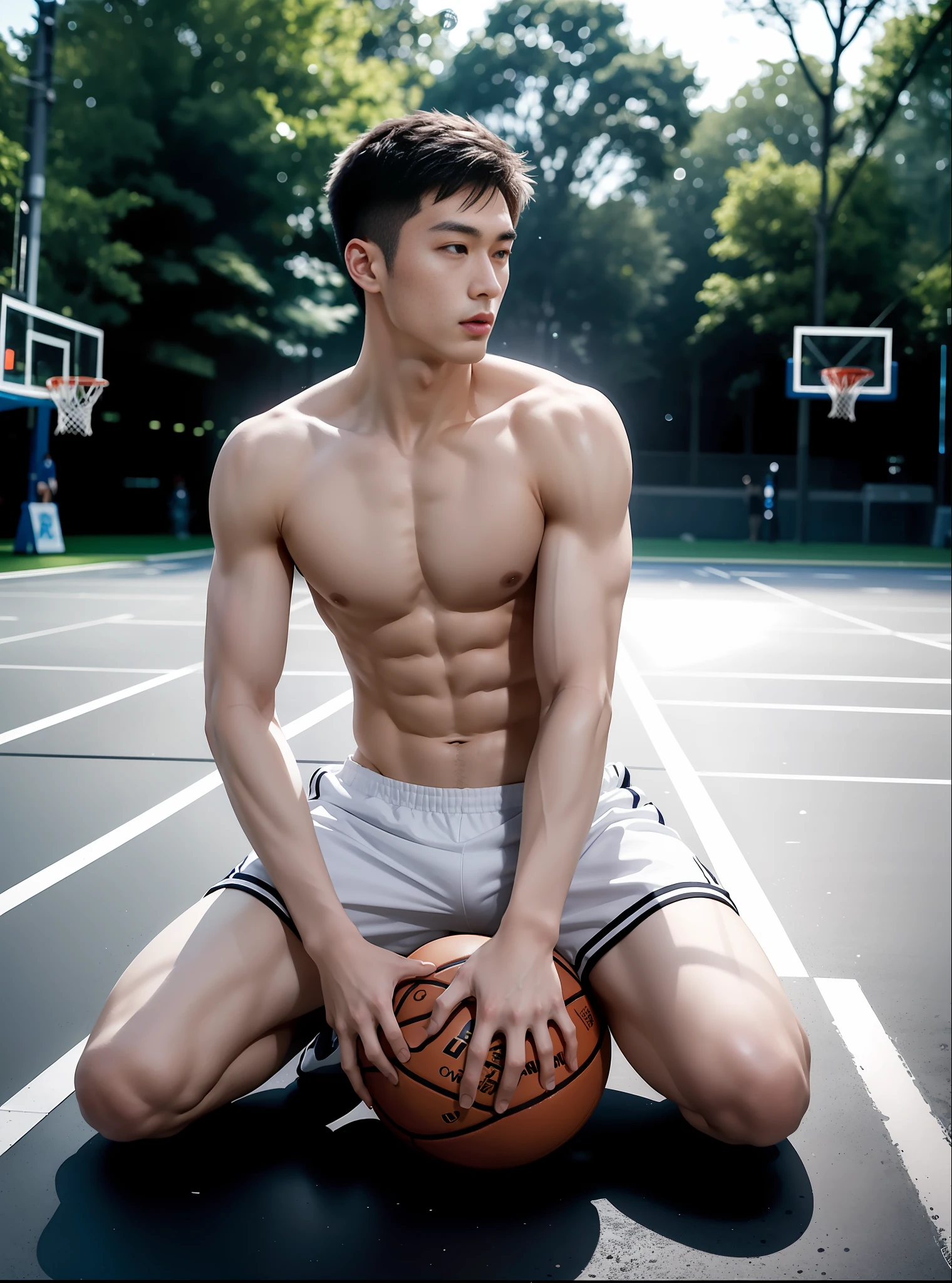 (Excellent, The best picture quality, Extremely high definition), Fine motor muscle theme, Single movement on the ground, Tall and handsome Chinese man, Basketball in hand, Finely depicted left and right hands, Place your right hand on the basketball,The left hand is slightly raised,Shocking male physique, youthful vitality,Sexy charm, Lean but muscular, rigidly defined abs, Mid-range medium view, The lighting effect is bright, Accentuate the body shape, Perfect display of the beauty of the body。
