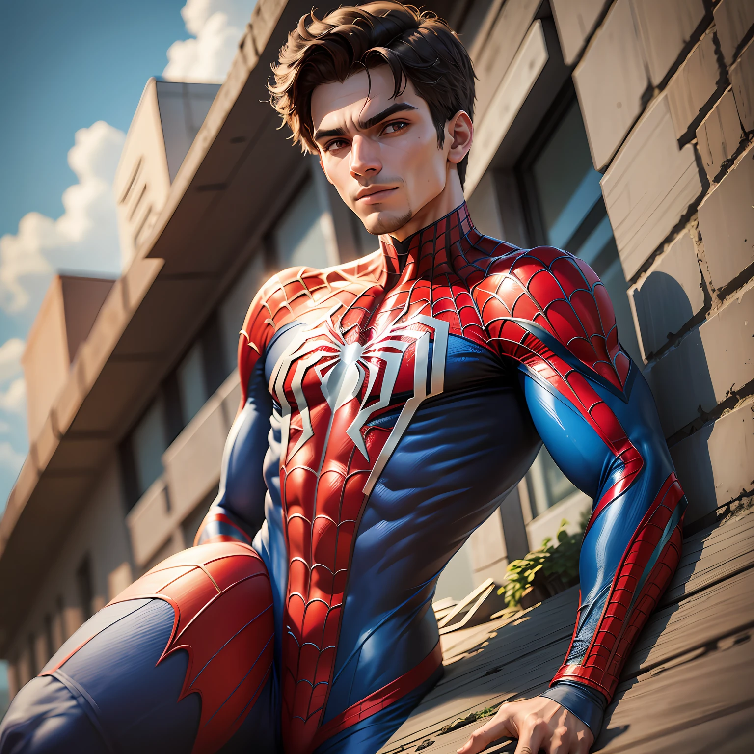 Transforme Tulio no Homem-Aranha, sem a mascara, com seu rosto expressivo enquanto ele luta contra o crime e salva a cidade. --auto