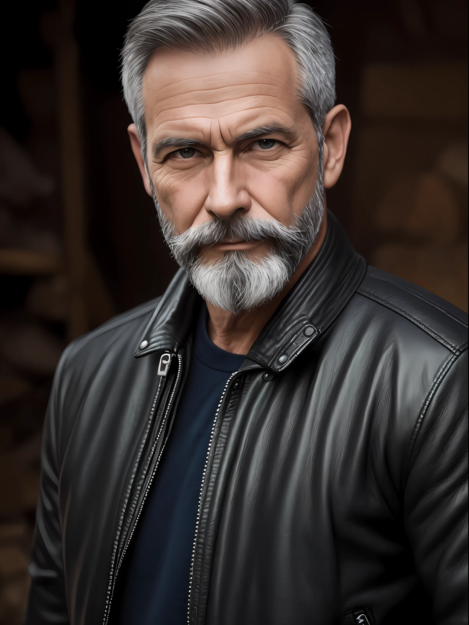Portrait of a middle-aged man, detailed skin face, expression wrinkles, woodcutter-style pear beard, black leather jacket, green eyes, white T-shirt without print, stiff countenance. Ultra detailed scene, dslr camera with 50mm Lens, soft studio lighting