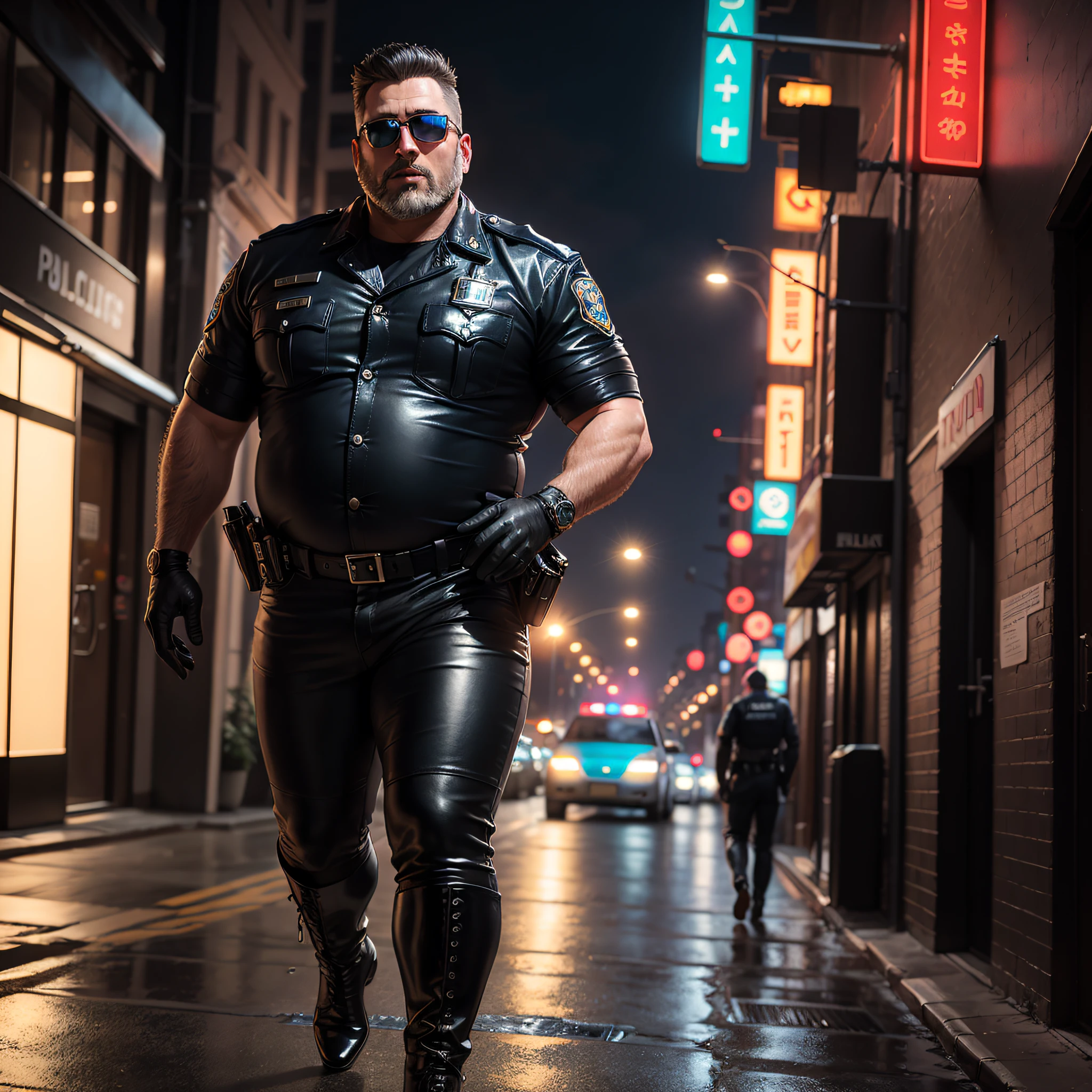 A fat, mature, 40-year-old man, black military hair, bulging belly, shiny white leather police uniform, long black beard, sunglasses, sturdy body, long black leather boots, black leather long gloves, futuristic street with neon lights, realistic style, extremely detailed, best quality --auto