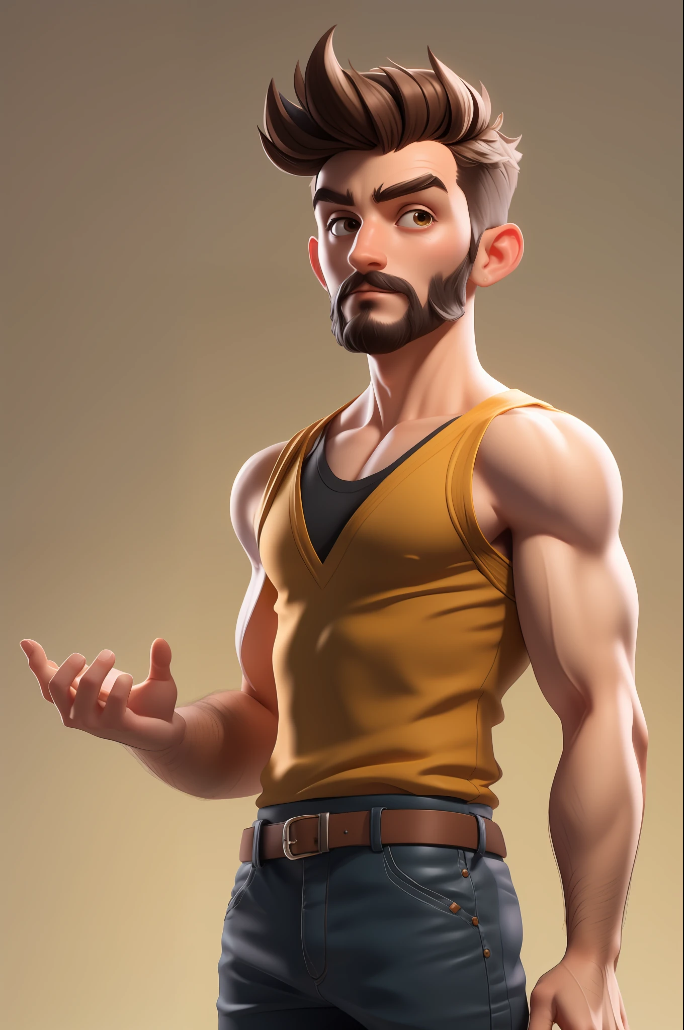 3dcharacter, (1man, 28 anos, masculino: 1.2), olhos castanhos , barba grossa ruiva, cabelo ruivo, V-Neck Top, (corpo inteiro: 1.2), fundo simples, obra-prima, melhor qualidade, (fundo claro do gradiente marrom: 1.1)