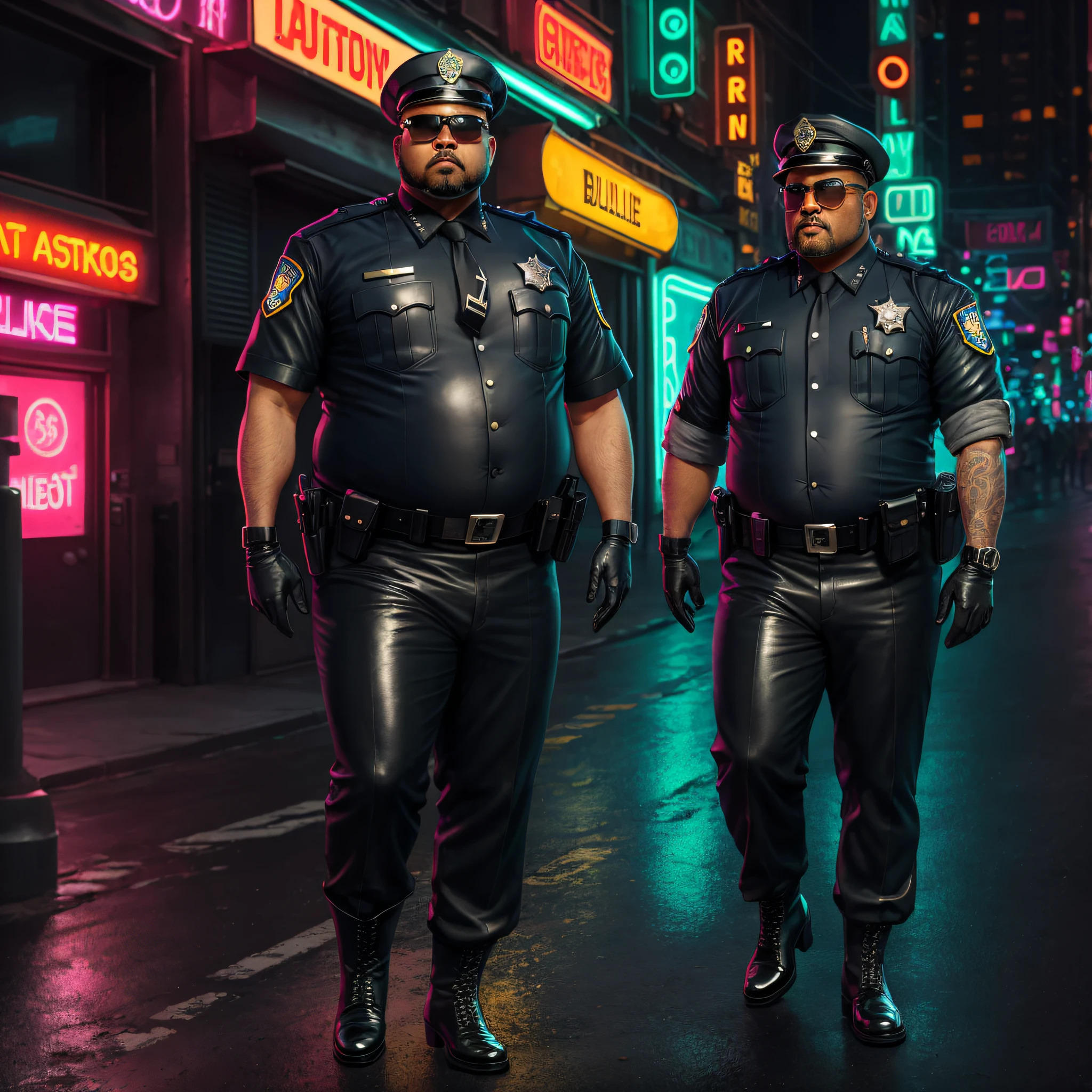 fat man, mature, 40 years old, black military hair, bulging belly, shiny leather police uniform, black beard, sunglasses, sturdy body, long leather boots, black leather gloves, futuristic street with neon lights, realistic style, extremely detailed, best quality --auto