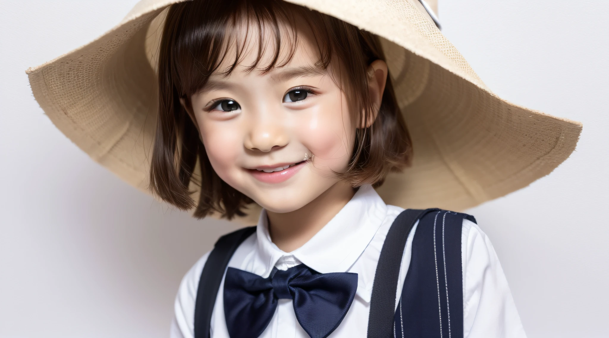 Modern style, white background, kids ID photo, cute, smiling girl, dark eyes, short hair, bow tie, clear
