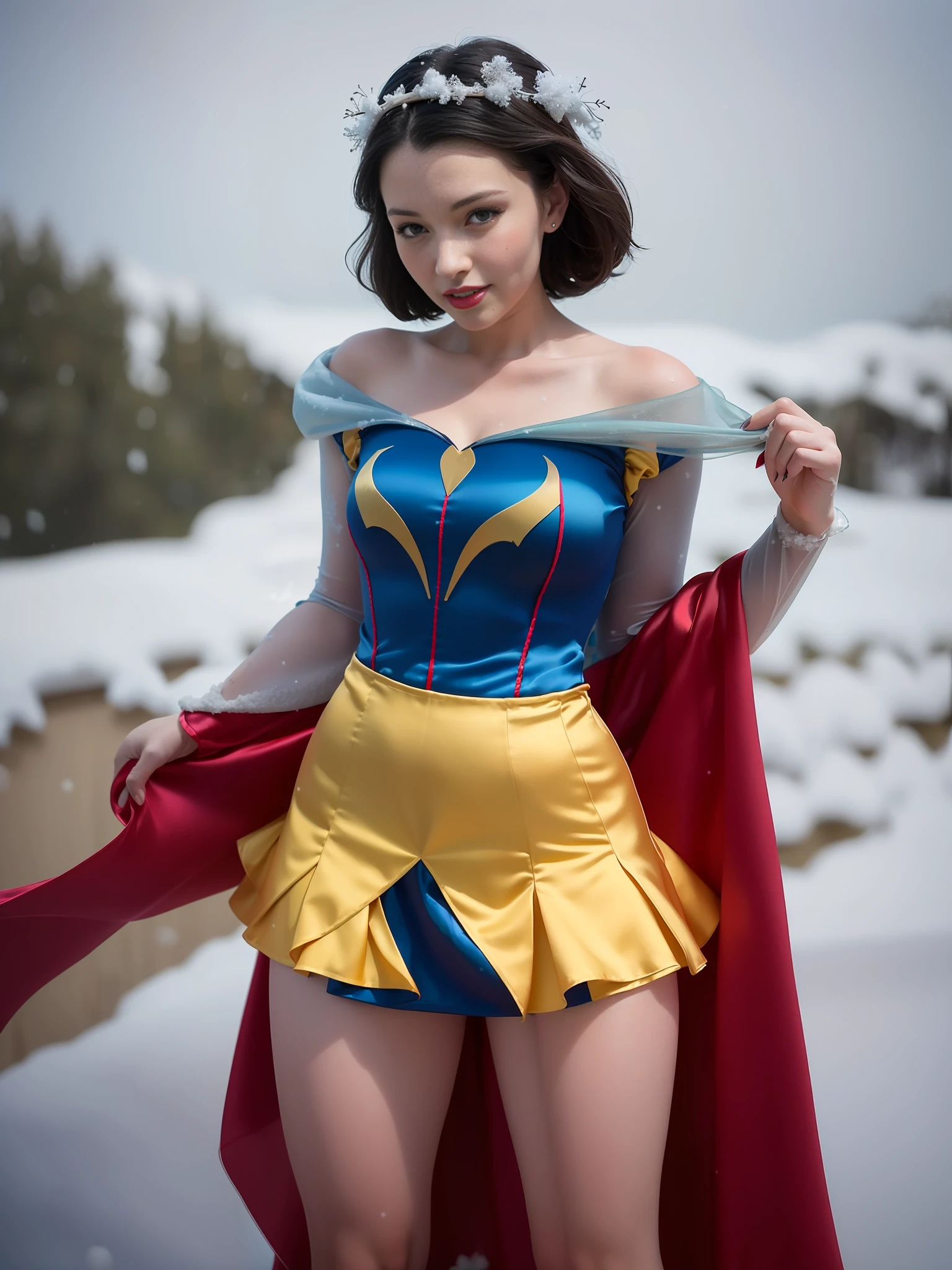 (realistic:1.4), best quality, ultra high res, 
4k, instagram,
higly detailed, 
1 girl,
(Snow white costume:1.5), 
 (((((Silk)))))
smile,  silk yellow skirt, silk blue corset