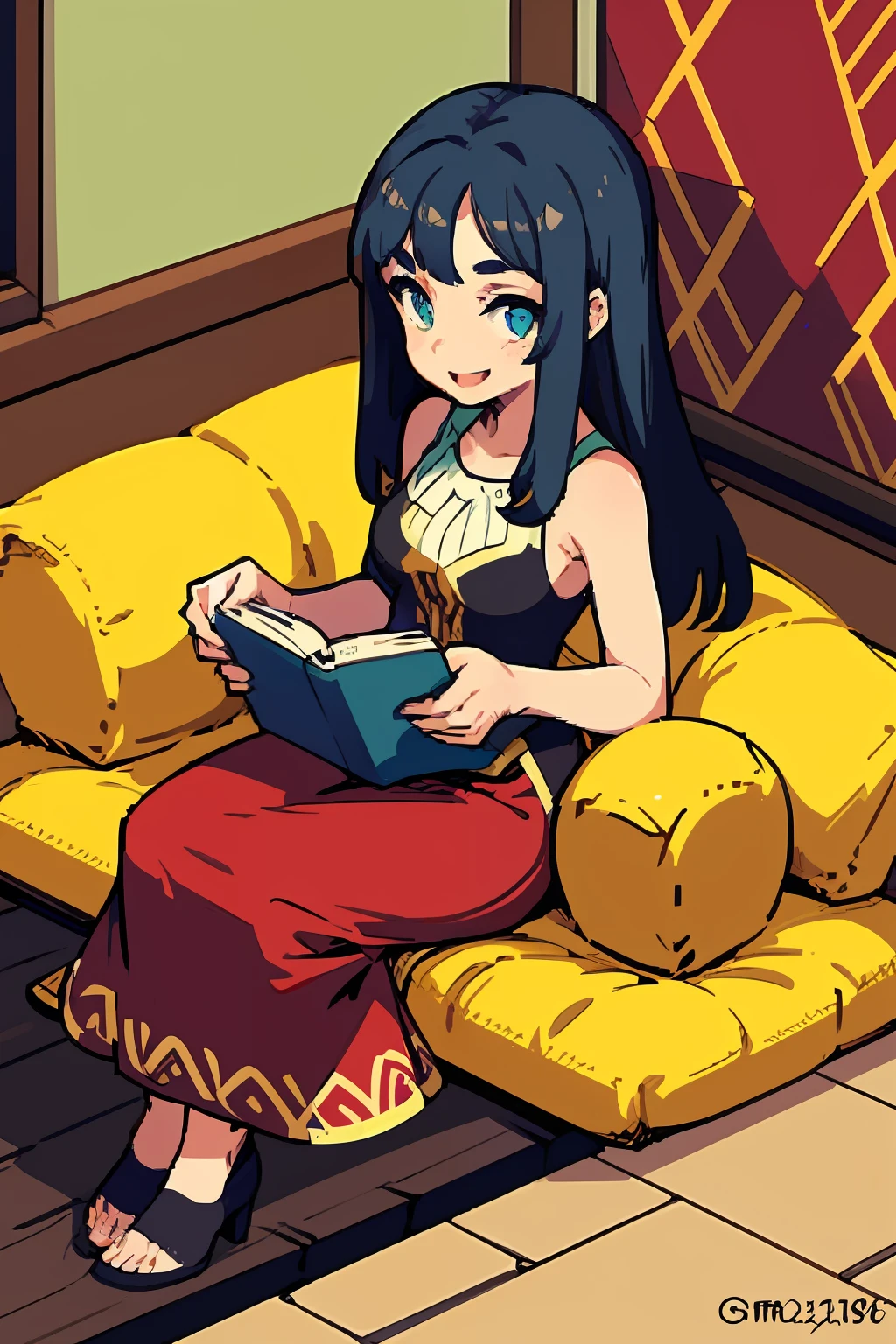 pixel, pixel art, 1girl, cabelo loiro, sitting down on floor, lendo um livro, corpo, sorriso, aconchegante,