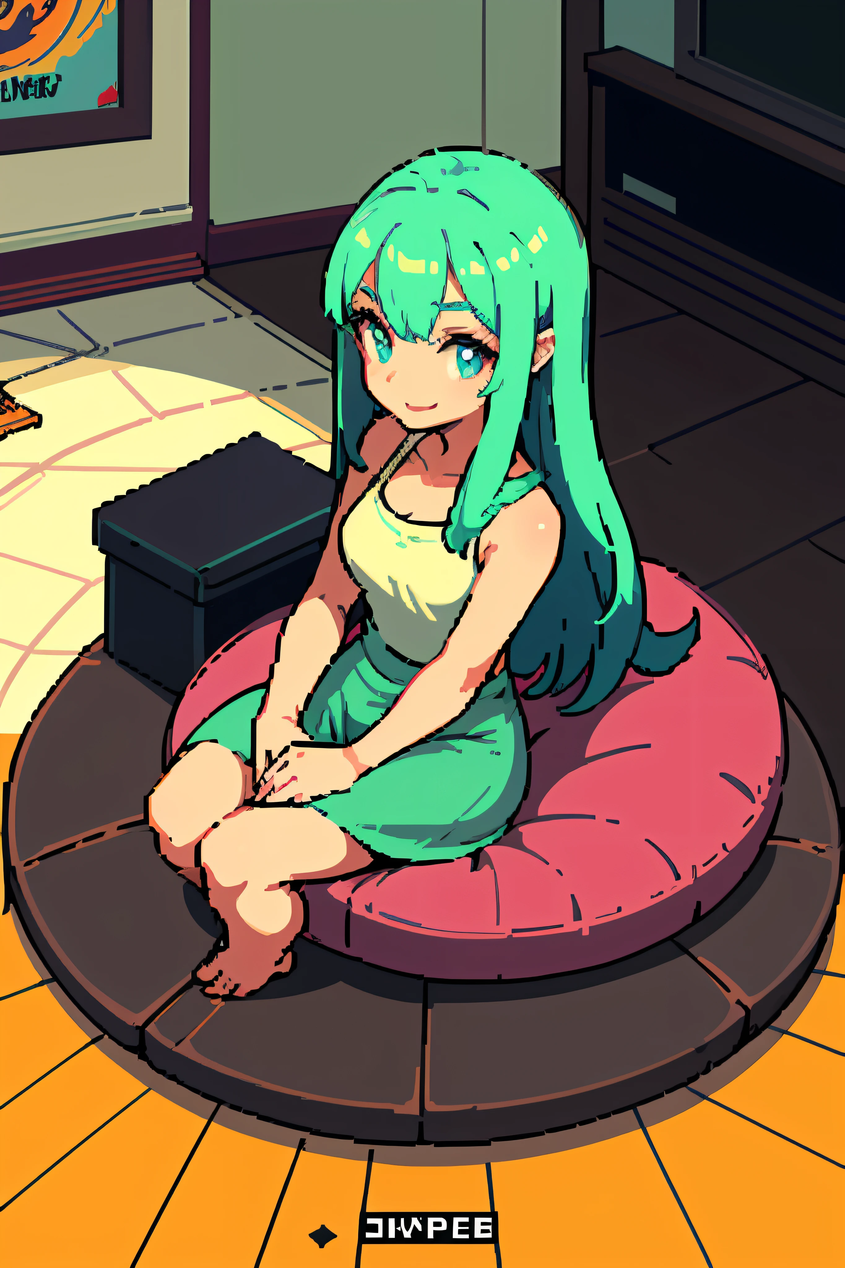 pixel, pixel art, 1girl, cabelo colorido, sitting down on floor, jogando videogame, corpo, sorriso, aconchegante,