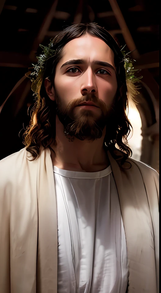 Generate a high-resolution, 8k ultra detail, nature photograph of Jesus Christ, very natural features, high resolution, hyper realistic skin, big skin pores, big nerves on head, TIME cover photo, f/ 11 add_detail: light and distant light from heaven above the head,