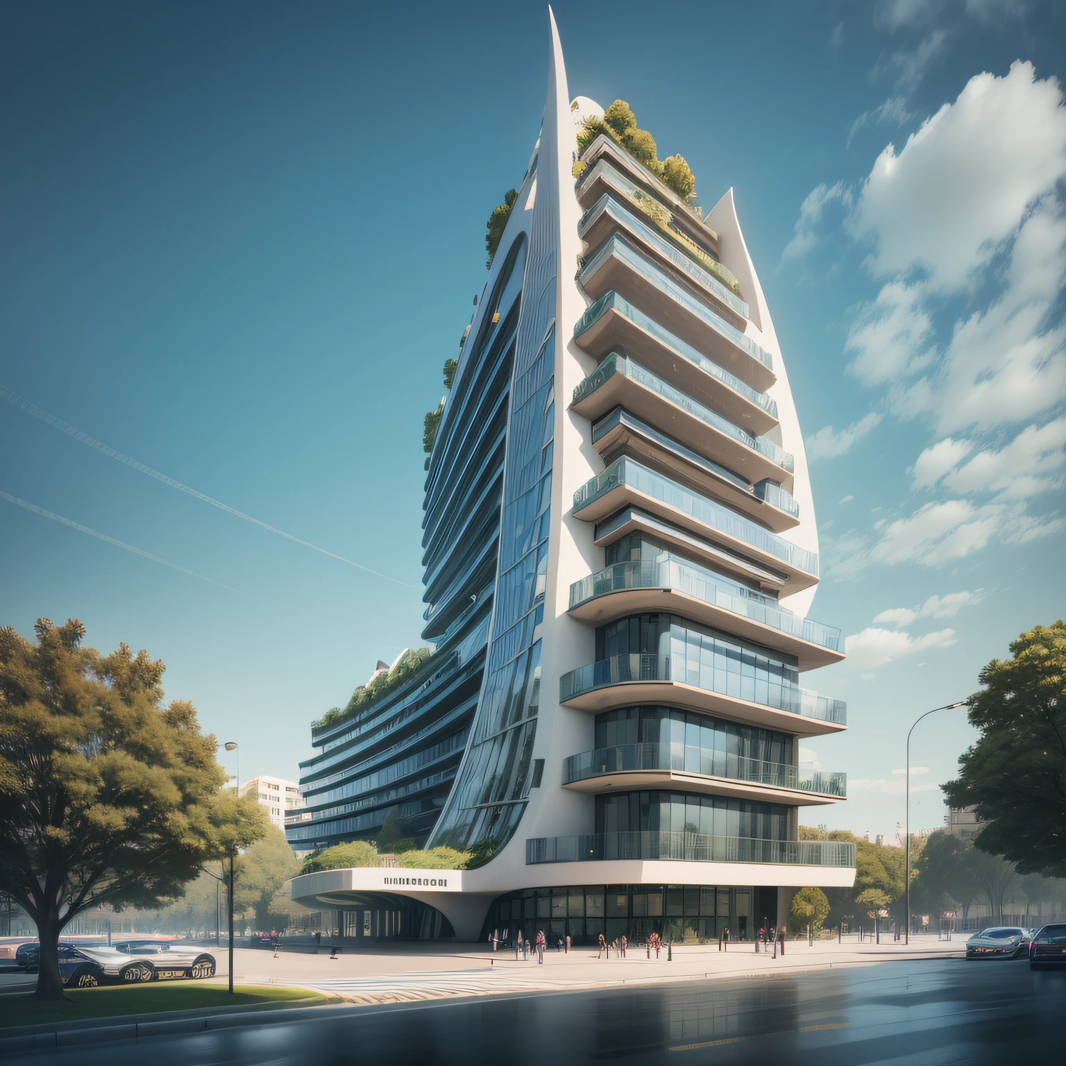 Futuristic architecture, arquitetura premiada, skyscraper architectureCity, photographic style, Rendering, Alameda de plane trees, Highly detailed dream building in the architectural styles of Oscar Niemeyer and Ernst Haeckel :: arquiteturacore :: High contrast wide avenue in front full of trees, plane trees