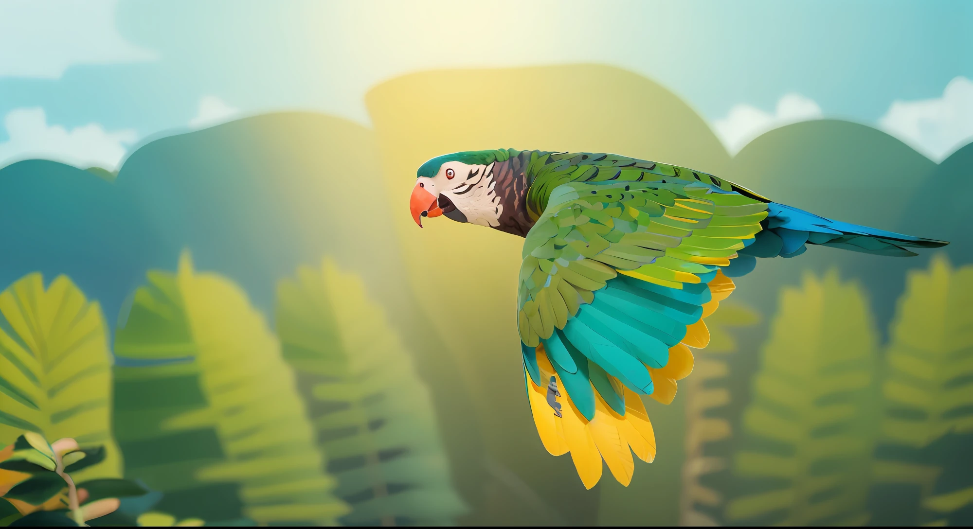 araffy green parrot flying in the blue sky with its wings spread, papagaio, paralelo, rio com papagaios voando baixo, parrot on head, altamente colorido, cores vermelhas e verdes vibrantes, muito, verde vermelho brilhante,