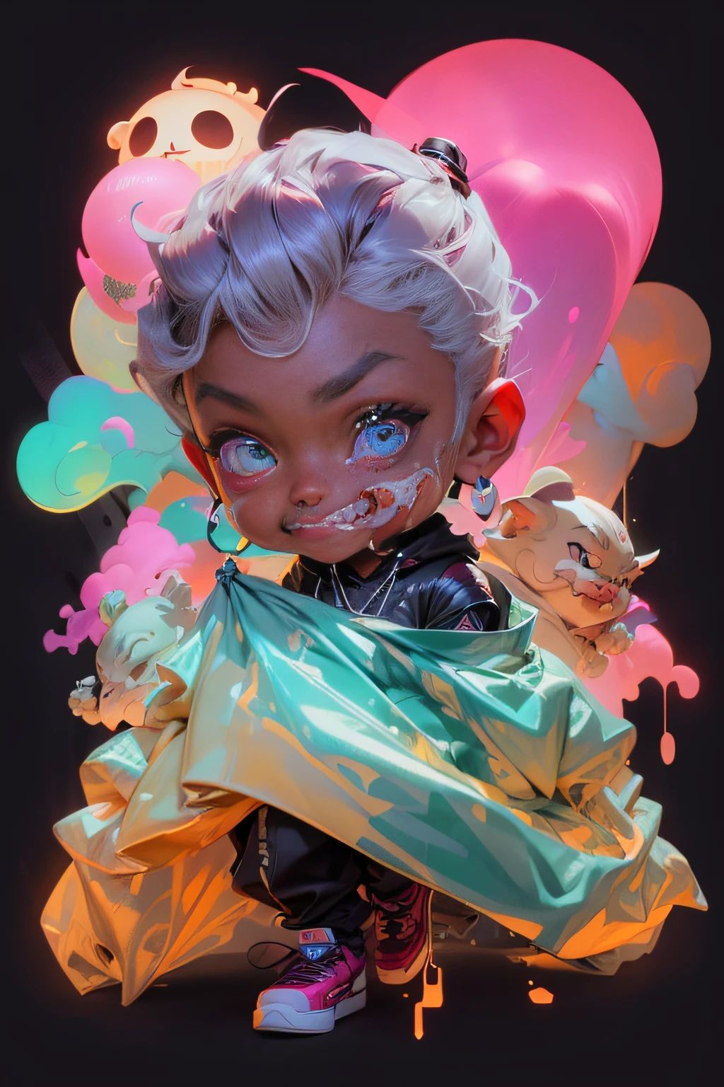 "((masterpiece)), best qualified, Black Moor Caramel skin Rapper Hip Hop Hoodlem From the Urban Community with Cornrows French Braid Instagram Hair stylist, Very Masculine, Baggy Cloths, Urban Streetwear a close up of a Boy wearing a hat and a necklace Pointy Bat Ears, Vampire Fangs, Glowing Eyes, neonpunk, rossdraws cartoon vibrant, neon and dark, rossdraws | afrofuturism, epic art style, vibrant fan art, rossdraws volumetric lighting, glowing neon skin, glowing and epic, rossdraws global illumination, demon boy, neon lit, dark neon punk, neon noir, (((BOys in the Hood Menace II:1.3))) society gold teeth gold Grill Diamond neckace jewelry Angry Synical Grin SMile Ear to Ear:1.2 vector logo Brand letters N A L as a comic book Hero, Anime Comic Book Cover::1 , Instagram Hair Stylist, (((Instagram Barber)))crazy colors of shiny plastic film, with steam wave, chartreuse, clear color, fritillary light, super detail, light filled composition, dreamy composition, y2k aesthetic, lightning, 32k, Trending on Artstation, super detailed, intricate face, octane render, blender, masterpiece, best quality, \(color Ink wash painting:1.1\),\(ink splashing:1.1\),\(color splashing:1.1\),\(colorful:1.16\), \(watercolor:1.16\), soft lighting, digital painting, artstation, concept art, smooth, sharp focus,art by ross tran and greg rutkowski and alphonse Mucha and Bak Karol, unreal engin 5,octane render,\(2D:1.2\), limited palette flat color, light and space, a wide variety of pastel shades, All in high definition and detail, deep space, stars, galaxies, colorful space rocks, a lot of energy and emotion!"