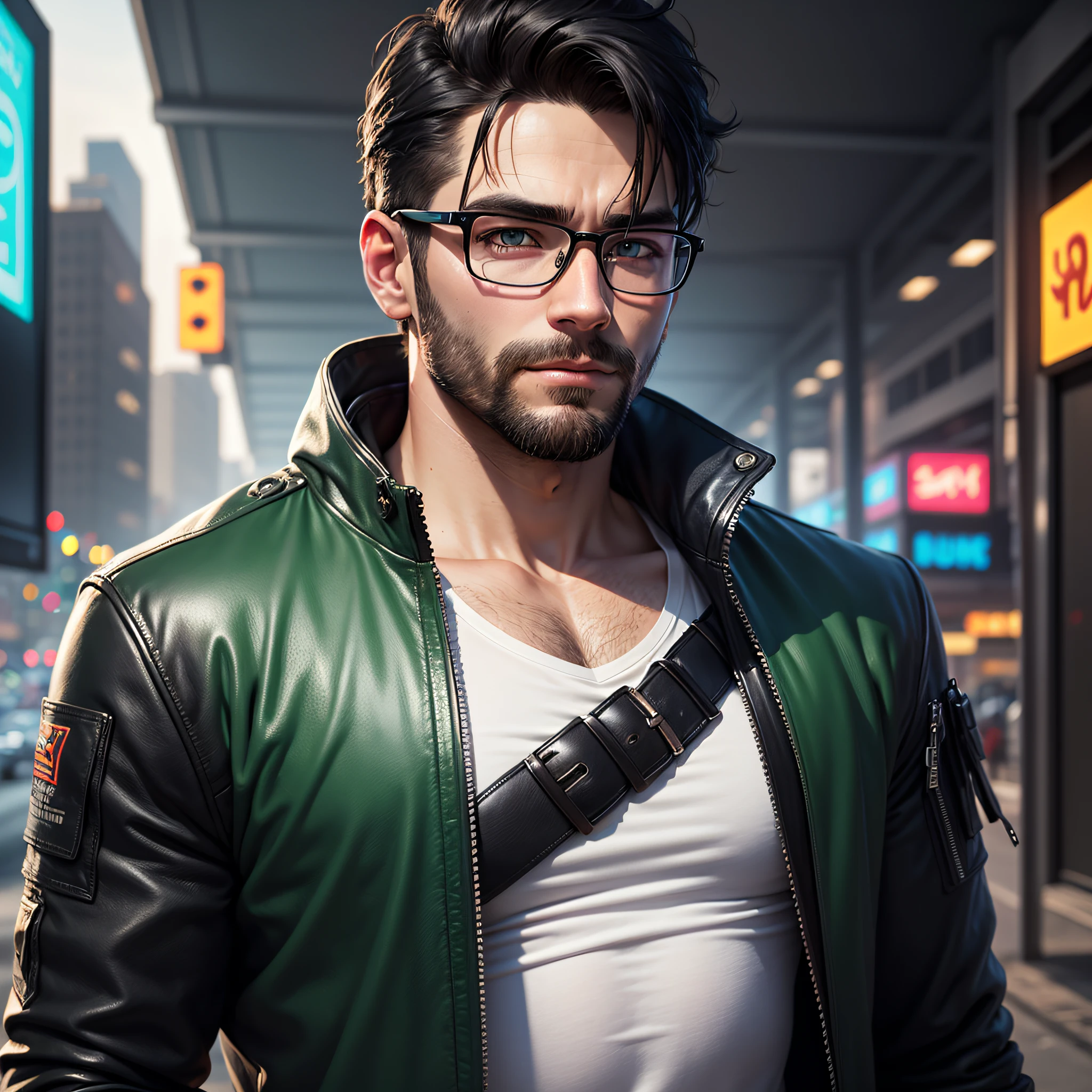 Realistic portrait, perfect coloring, vivid and real colors, a robust 35-year-old man with military-style black hair, wearing round glasses, cyberpunk style and wearing black leather jacket with silver details, futuristic and gorgeous style, perfect, muscular, burly, with short black beard, green eyes, sturdy, white T-shirt --auto