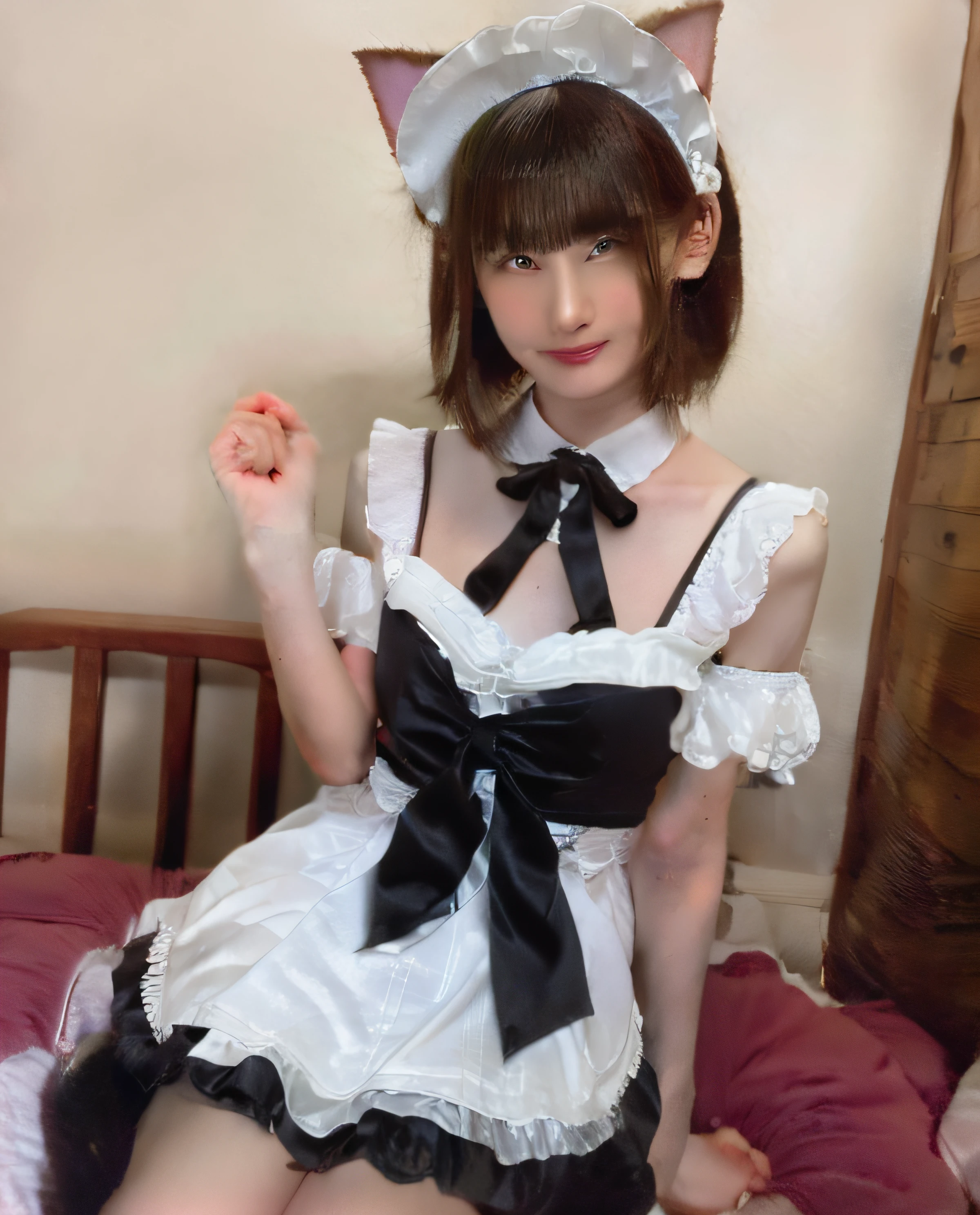 There is a cross-dressing boyish sitting on bed talking on a cell phone, Beautiful boy dressed as a woman, loli in dress, cosplay of a catboy! Maid! Dress, dressed with fluent clothes, dressed with long fluent clothes, frilly outfit, fairycore, belle delphine, low quality video, ruan cute vtuber, wearing a white folkdrakt dress, maid clothes, beste Quality, Realstic, photorealestic, beste Quality, A masterpie, extremelydelicateandbeautiful, extremely detaild, Fine detail, Super Detail, a highres, extremely detaild, Realstic, ultrahigh-detailing, beste Quality, ultrahigh-detailing, High-quality textures