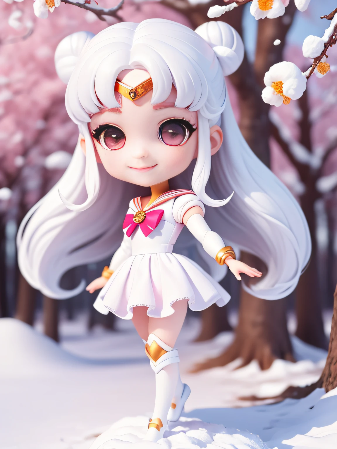 (masterpiece),(best quality),(ultra-detailed), (full body:1.2),1girl, snowy, Sunshine, cute ,chibi, (Big Head: 1.5).smile, pink eyes, long hair,white hair, bangs, sailor moon, ((All white-clothes)), tree, cheery blossom, graceful, (beautiful detailed face), (beautiful detailed eyes),