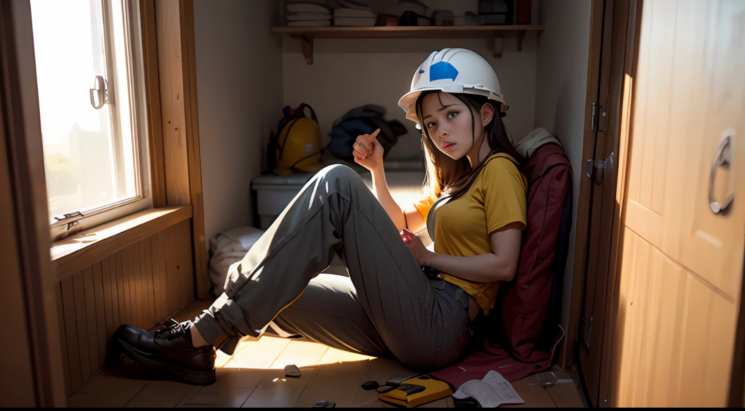 A female construction worker,Labor protection service,helmet,Single leg raised,Rub your feet,long trousers,early evening,dorm room,In front of the window,Anguished look --auto