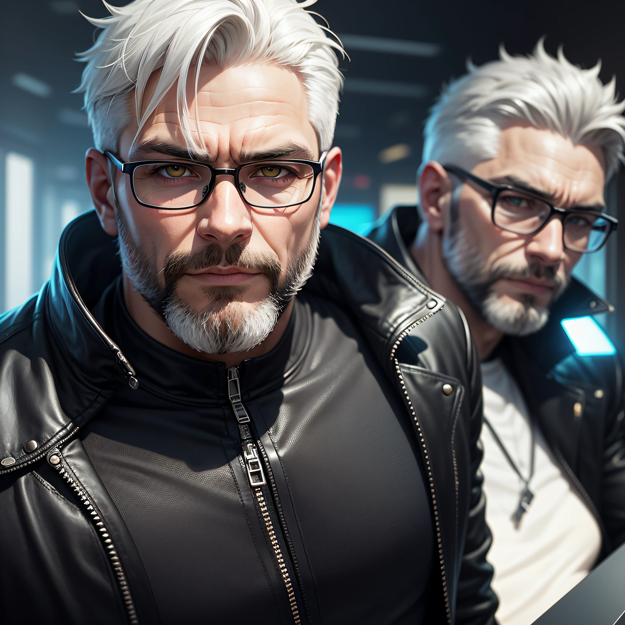 Realistic portrait, perfect coloring, vivid and real colors, a robust 40-year-old man with short white hair, wearing round glasses cyberpunk style and wearing black leather jacket with silver details, futuristic and beautiful style, perfect, muscular, burly, with short white beard, yellow eyes, middle-aged man, robust --auto