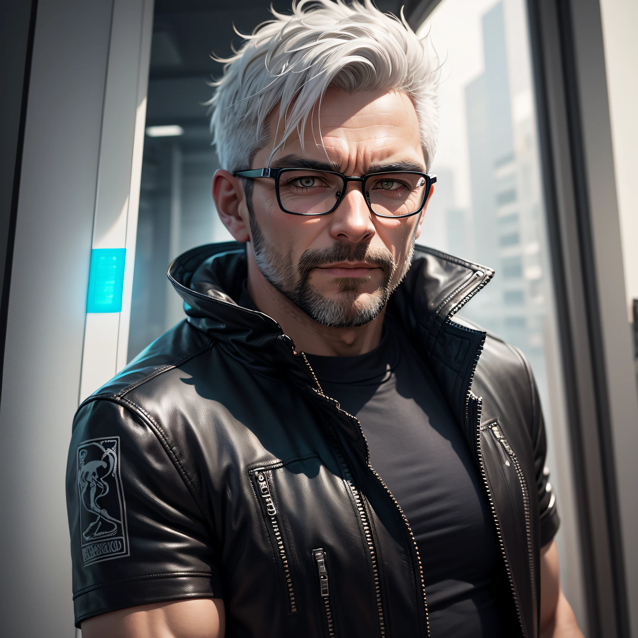 Realistic portrait, perfect coloring, vivid and real colors, a robust 40-year-old man with short white hair, wearing round glasses cyberpunk style and wearing black leather jacket with silver details, futuristic and beautiful style, perfect, muscular, burly, with short white beard, yellow eyes, middle-aged man, robust --auto