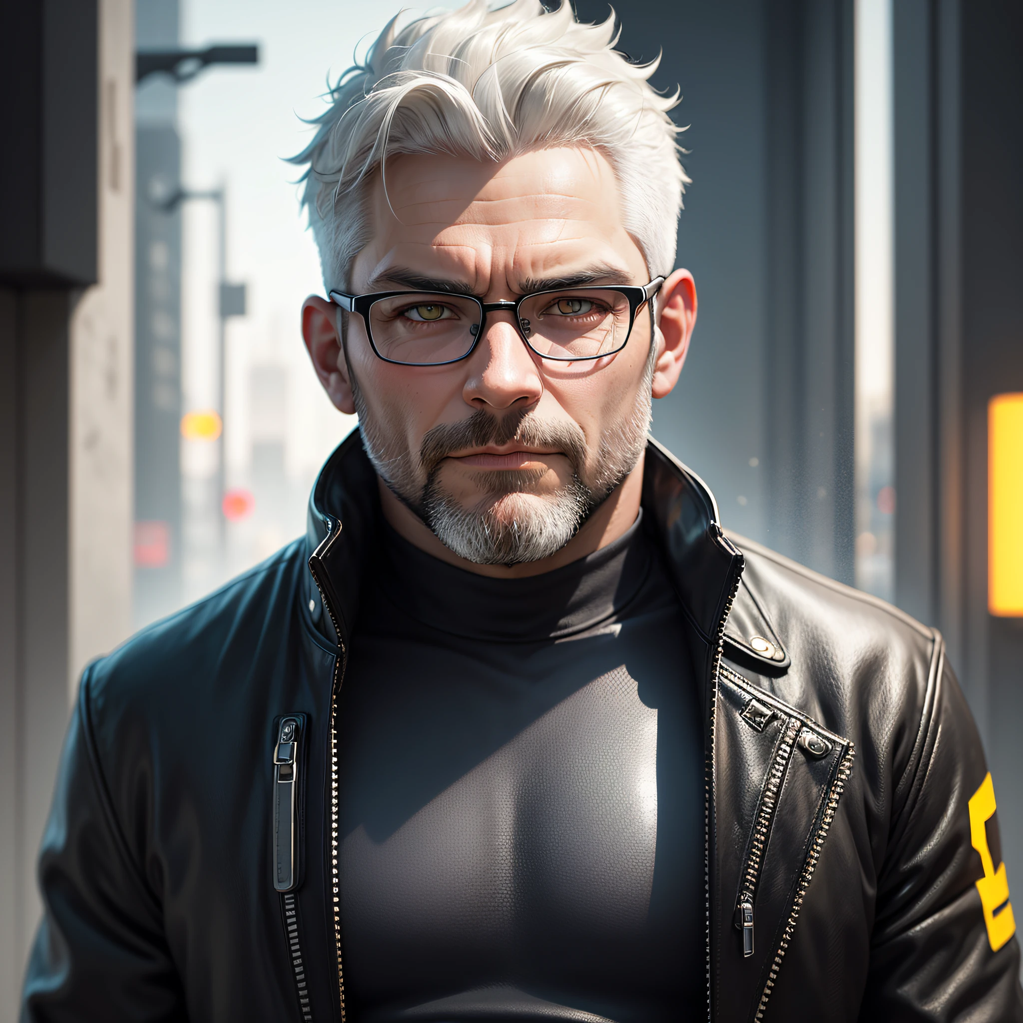 Realistic portrait, perfect coloring, vivid and real colors, a robust 40-year-old man with short white hair, wearing round glasses cyberpunk style and wearing black leather jacket with silver details, futuristic and beautiful style, perfect, muscular, burly, with short white beard, yellow eyes, middle-aged man, robust --auto