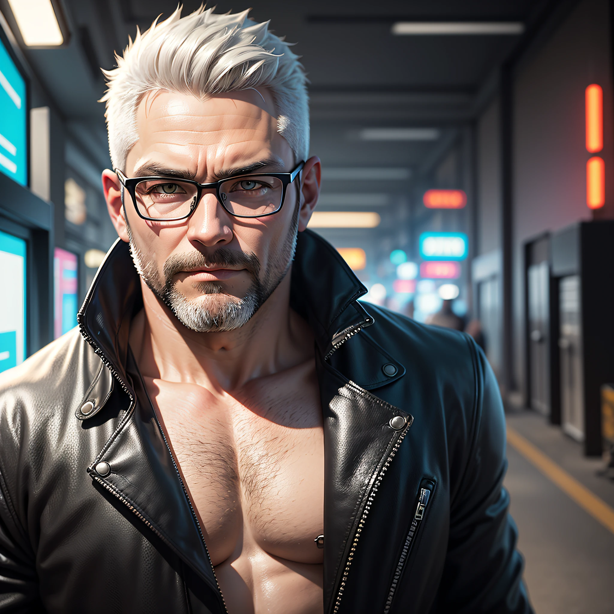 Realistic portrait, perfect coloring, vivid and real colors, a robust 40-year-old man with short white hair, wearing round glasses cyberpunk style and wearing black leather jacket with silver details, futuristic and beautiful style, perfect, muscular, burly, with short white beard, yellow eyes, middle-aged man, robust --auto